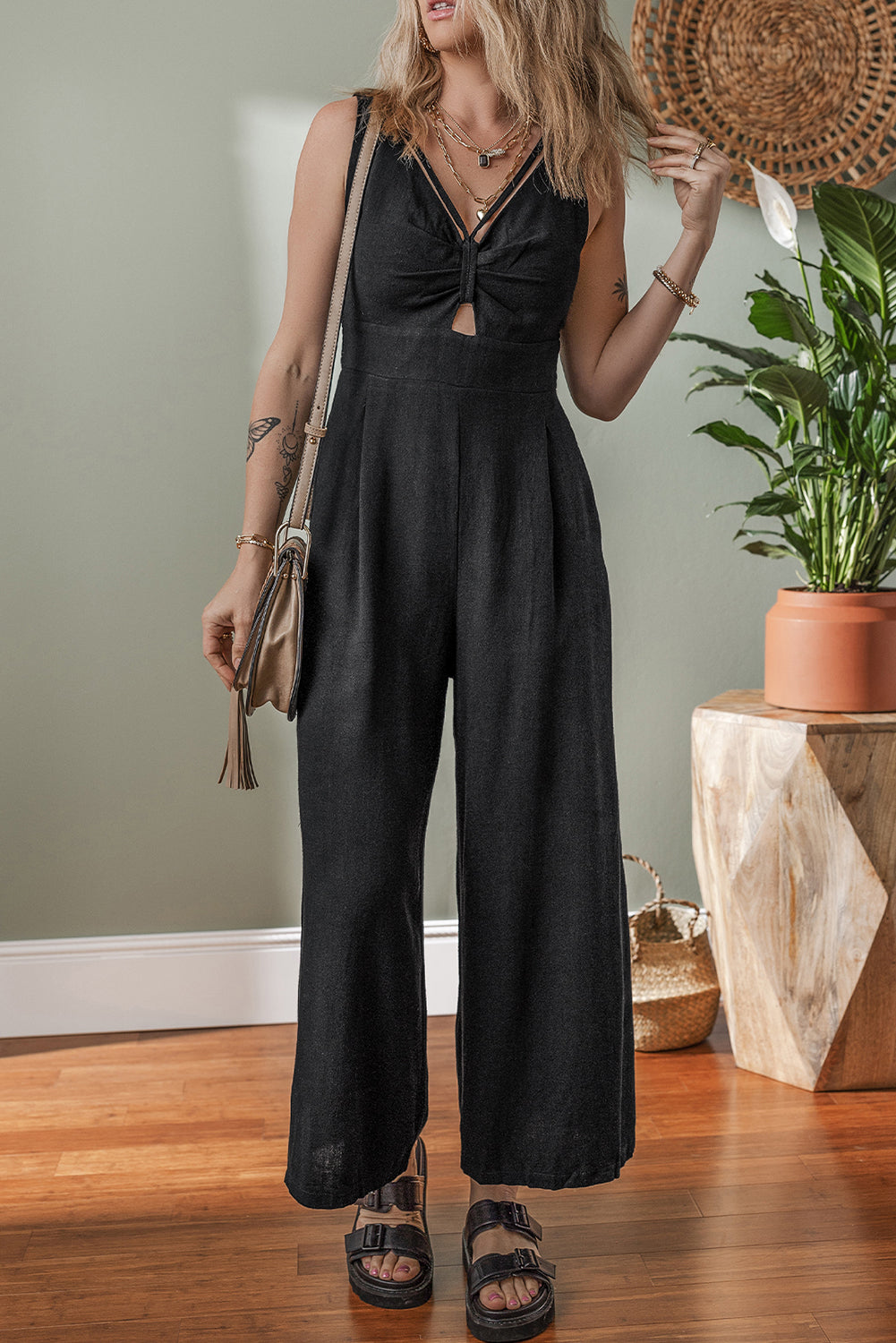 Black Smocked Wide Leg Jumpsuit