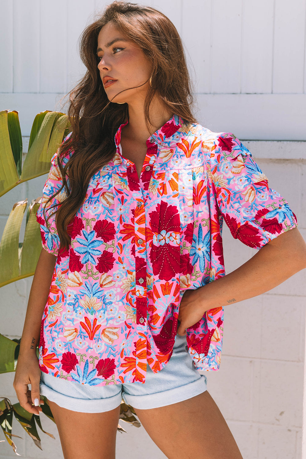 Pink Floral Print Pleated Shirt