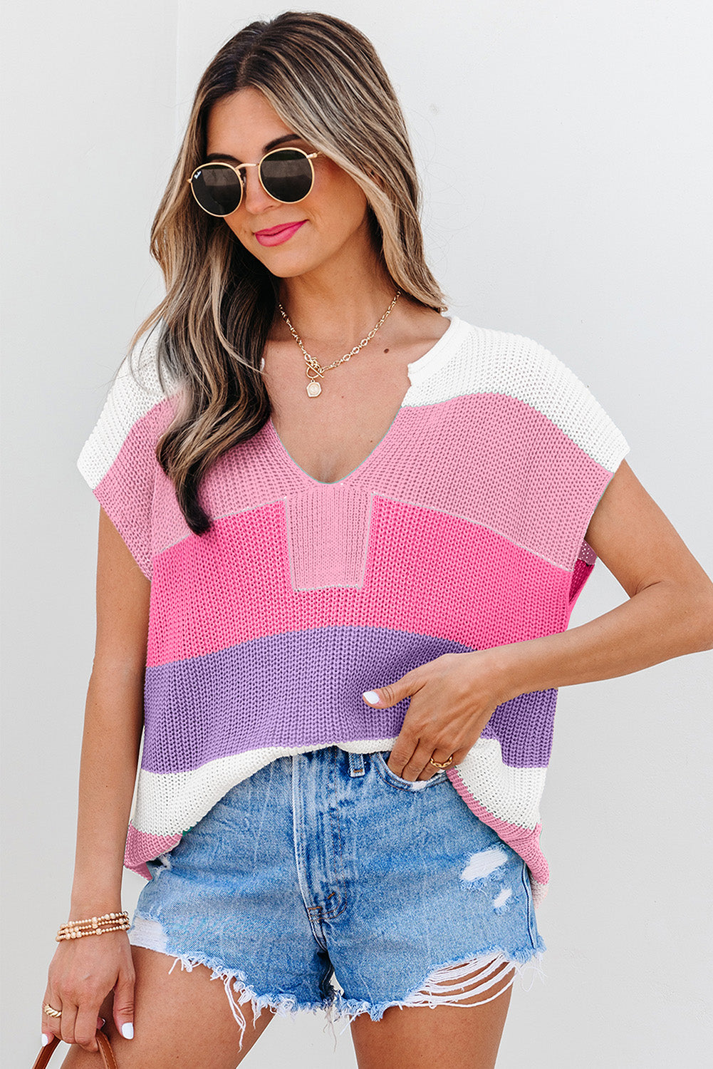 Pink Color Block Sweater Shirt