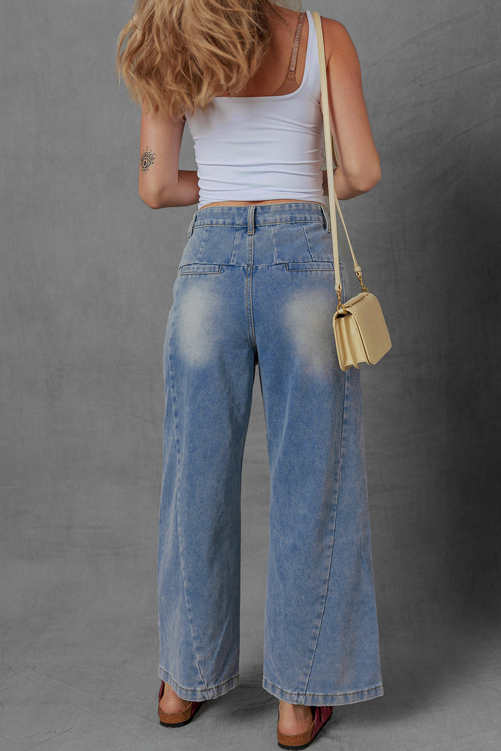 Blue Washed Pleated Wide Leg Jeans