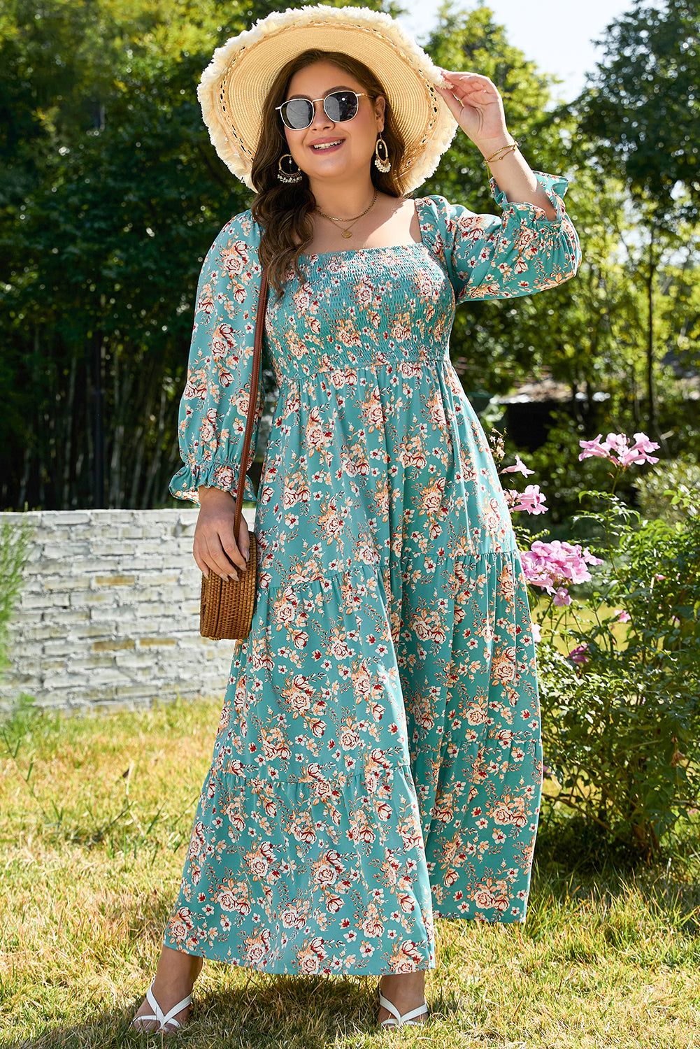 Green Floral Print Square Neck Maxi Dress
