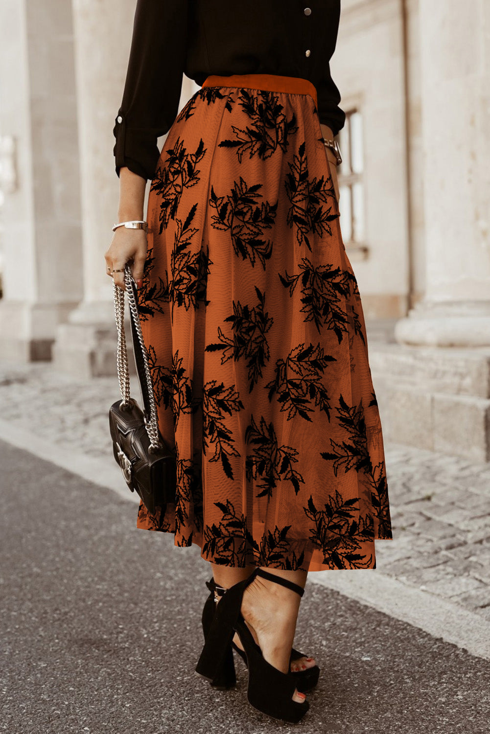 Gold Flame Floral High Waist Maxi Skirt
