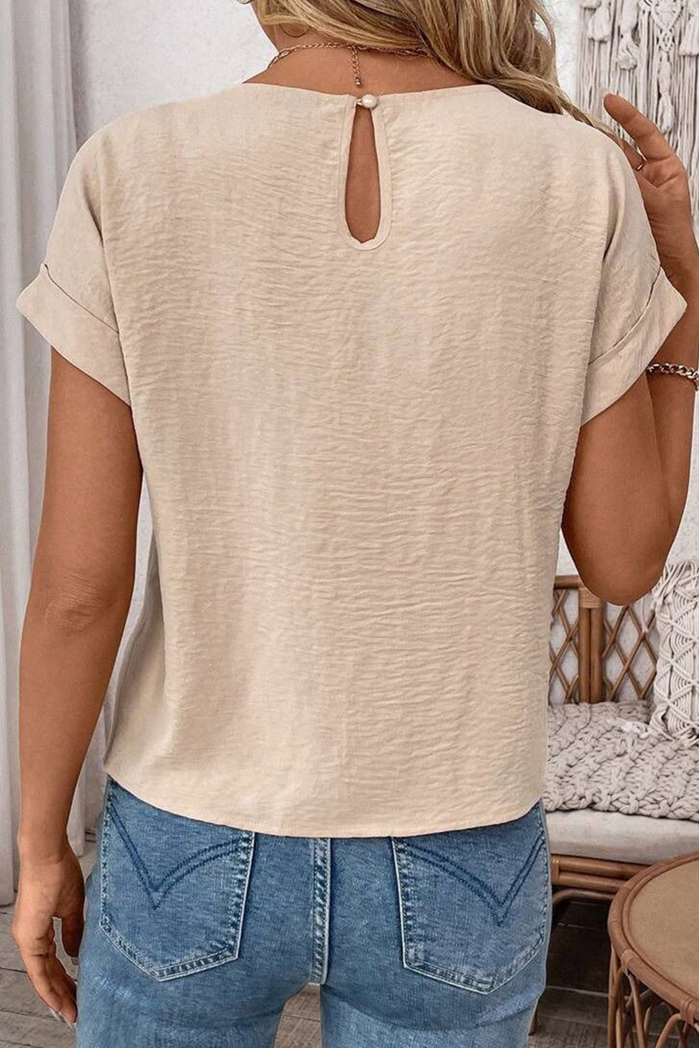 Parchment Knotted Short Sleeve Blouse