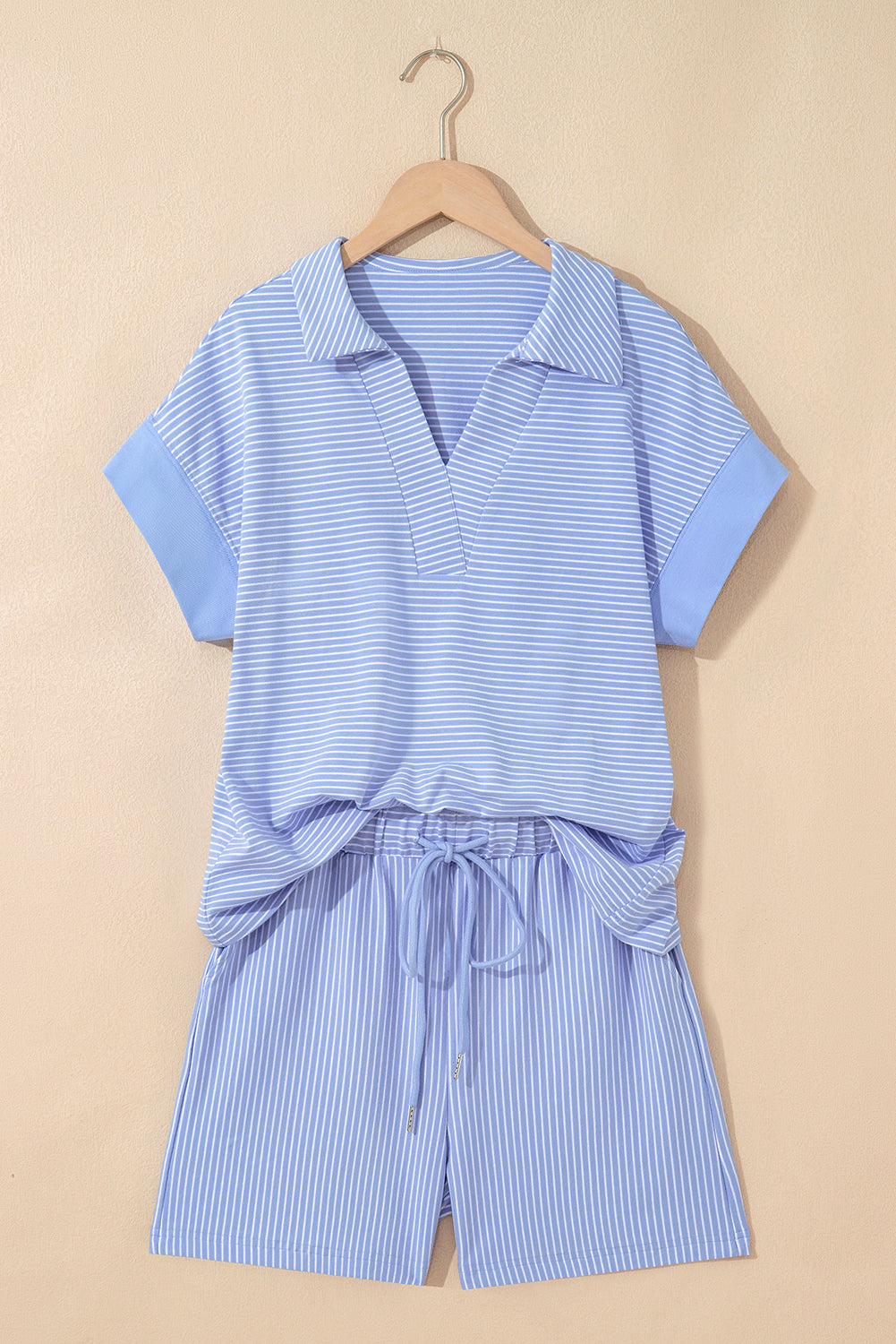Sky Blue Stripe Shirt and Drawstring Shorts Set