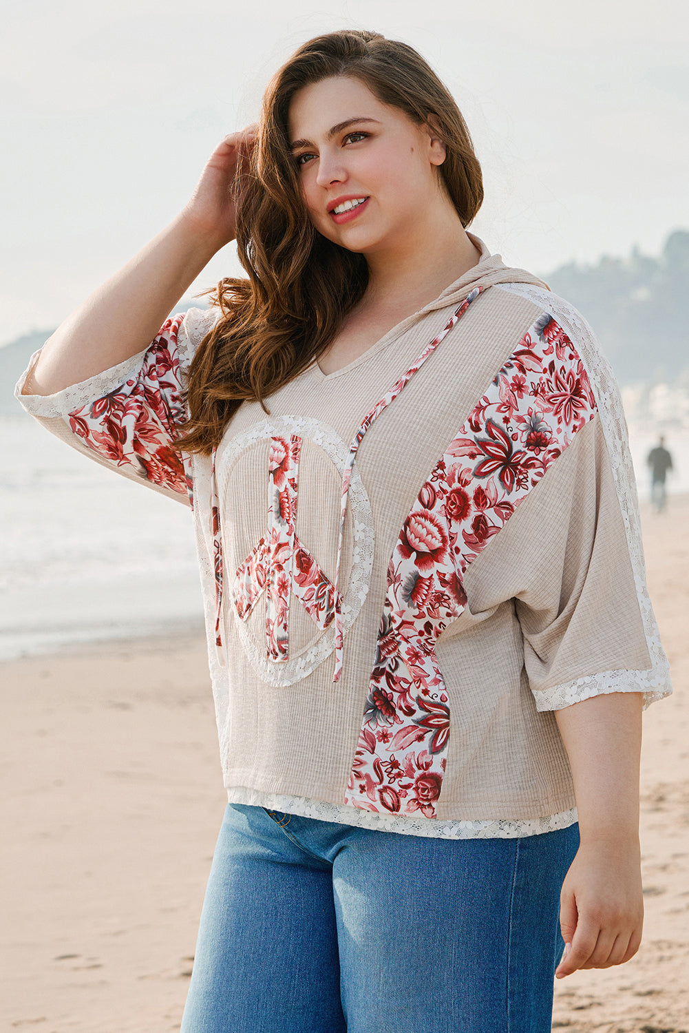 Khaki Floral Peace Sign Hooded Top