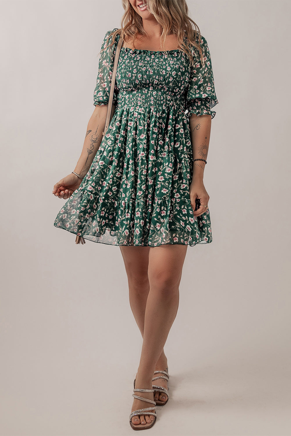 Green Smocked Floral Dress