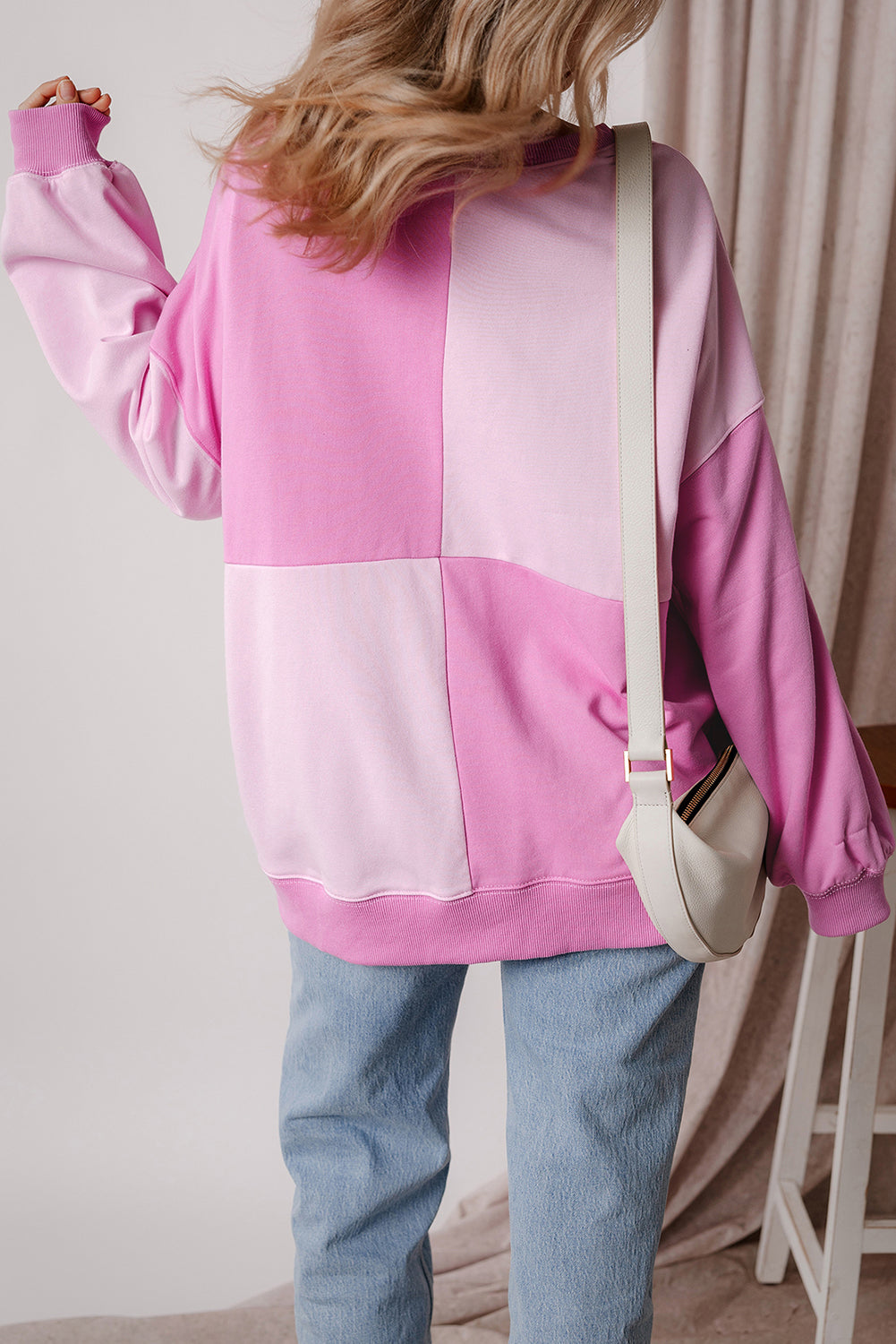 Pink Colorblock Henley Oversize Sweatshirt