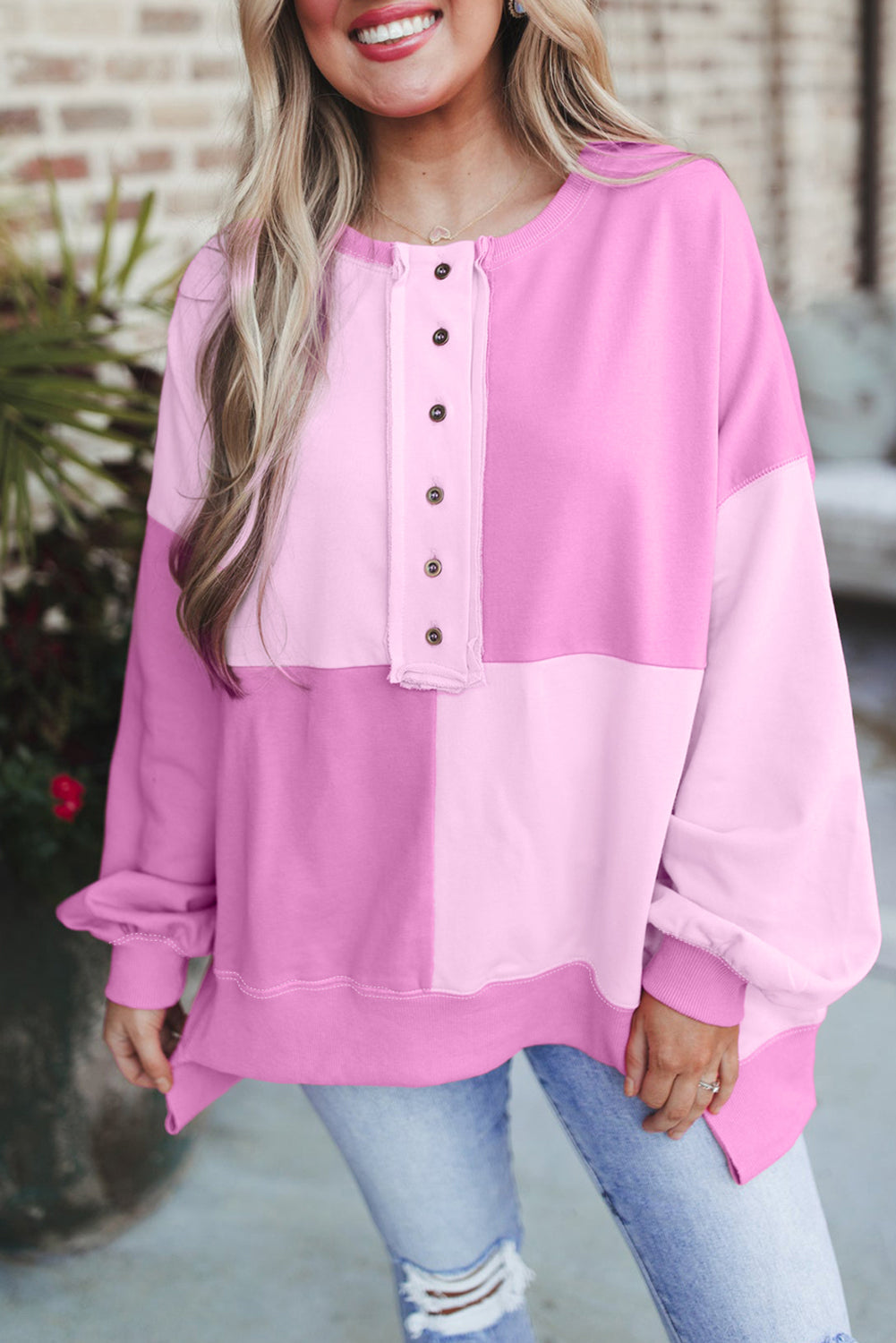 Pink Colorblock Henley Oversize Sweatshirt