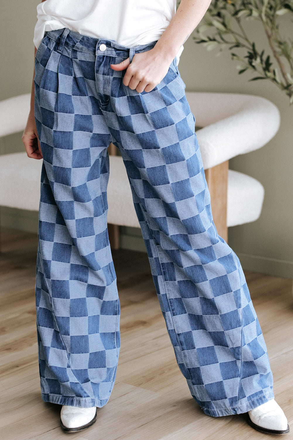 Checkered Denim Wide Leg Jeans