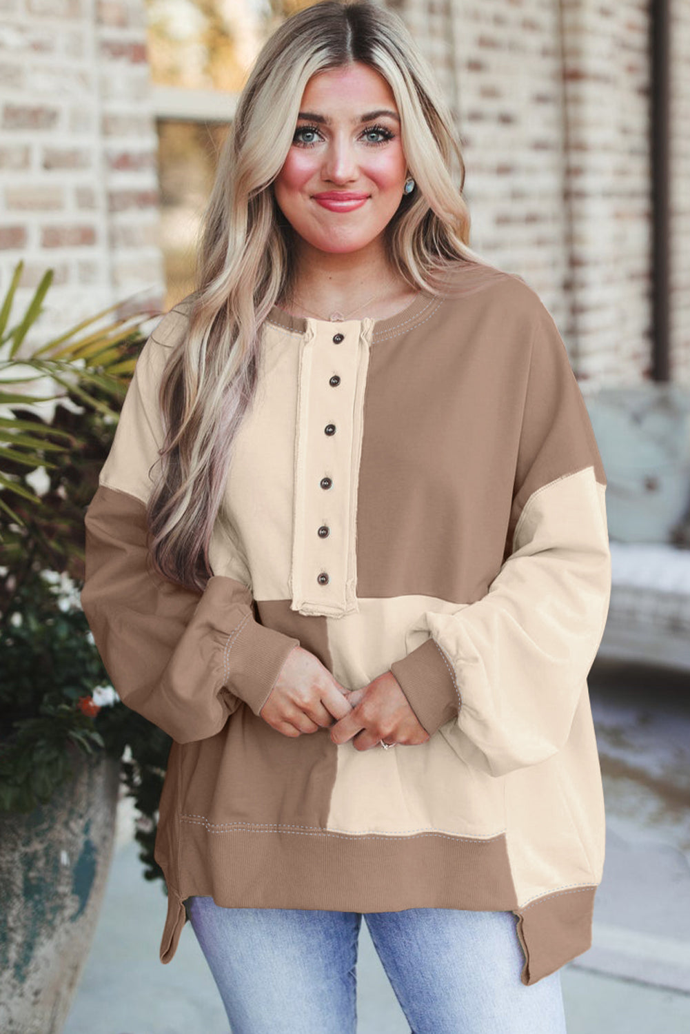 Parchment Colorblock Henley Oversize Sweatshirt