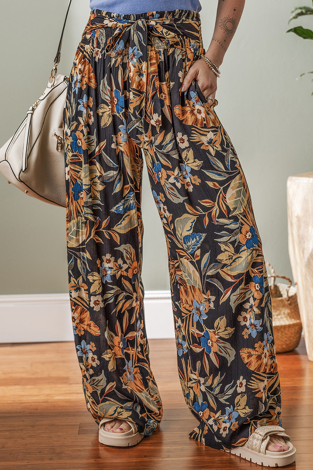 Multicolour Floral Wide Leg Pants with Tie