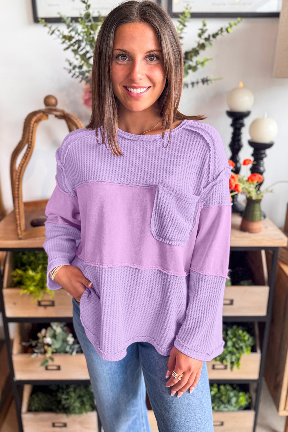 Thermal Knit Patchwork Long Sleeve Top