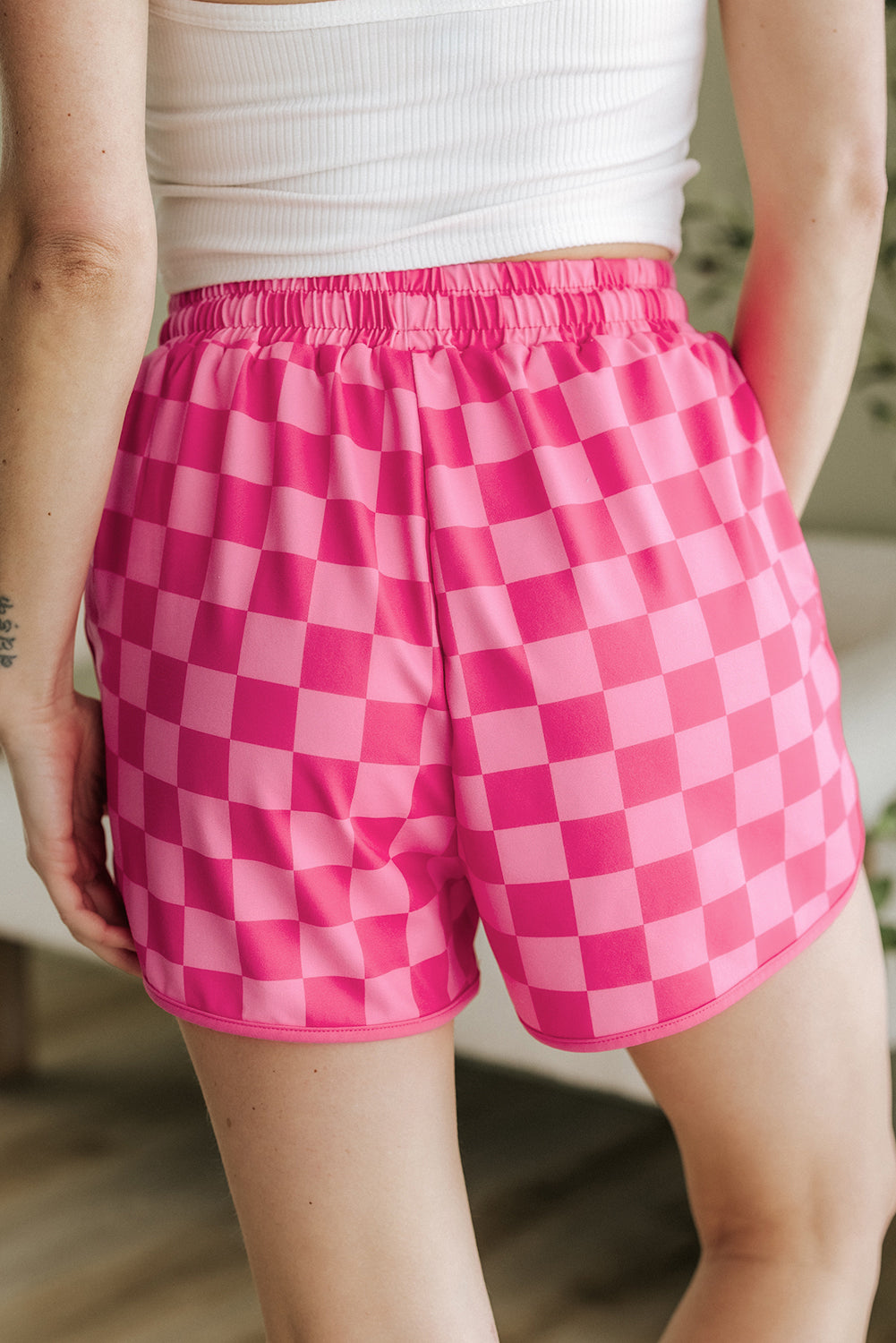 Rose Checkered Elastic Waist Shorts