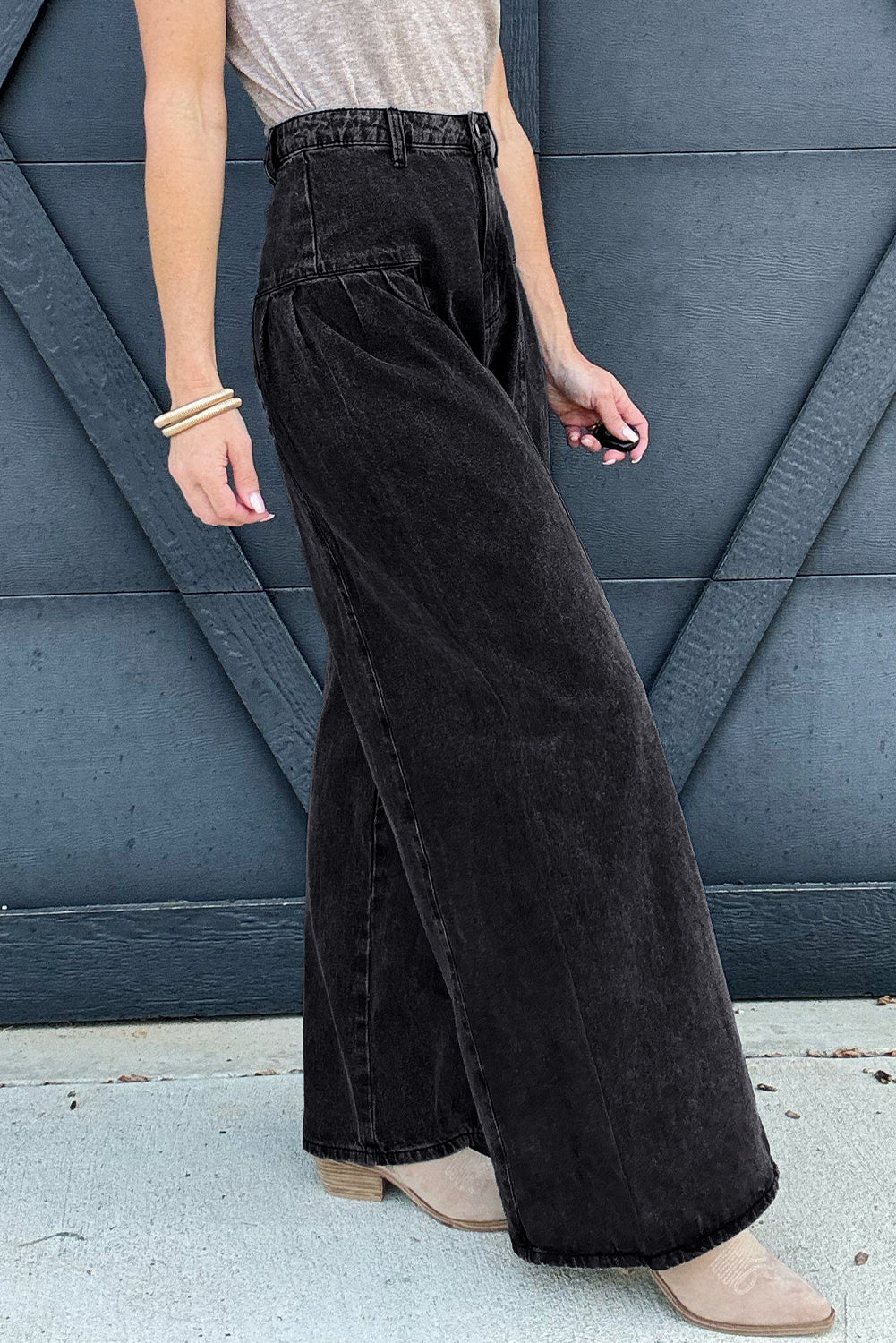 Dark Grey Pleated Wide Leg Denim Pants