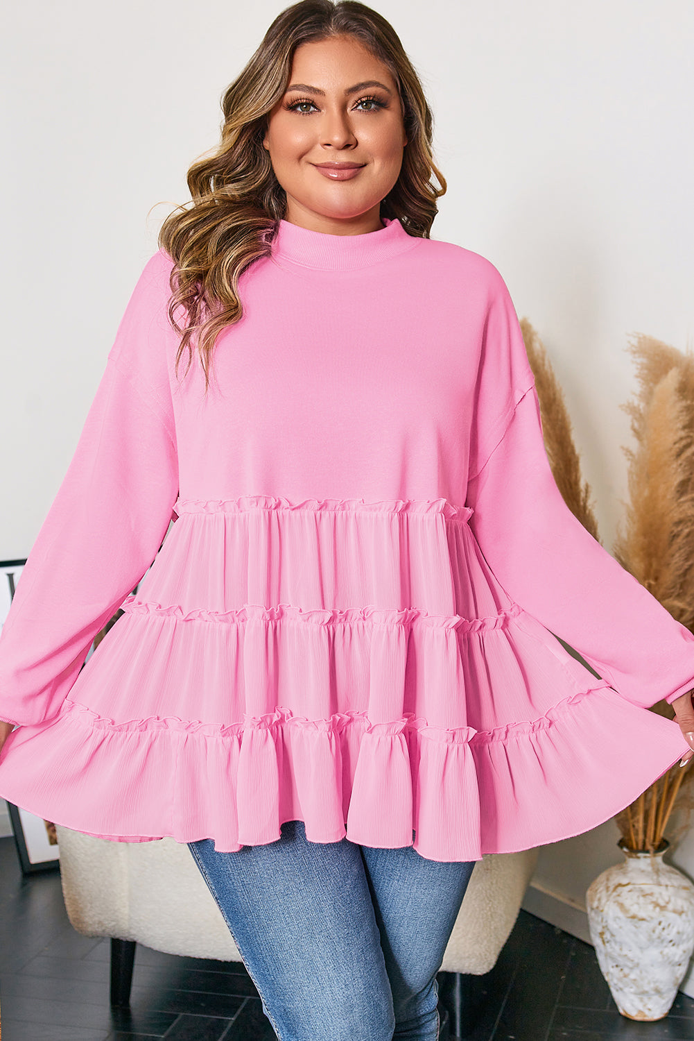 Pink Tiered Ruffle Pullover