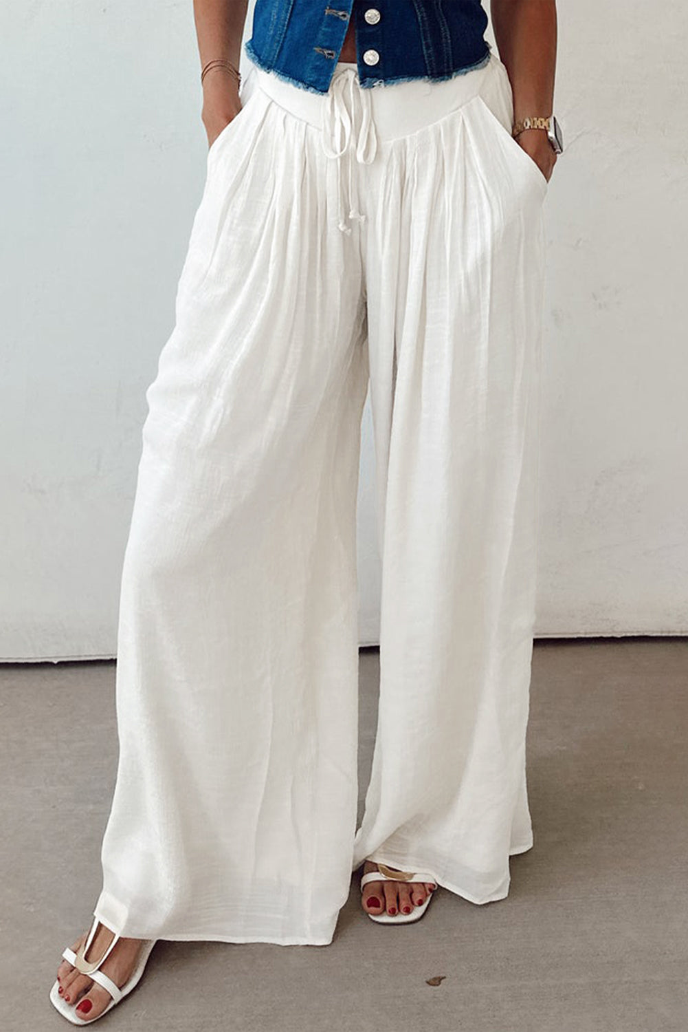 White Pleated Wide Leg Pants