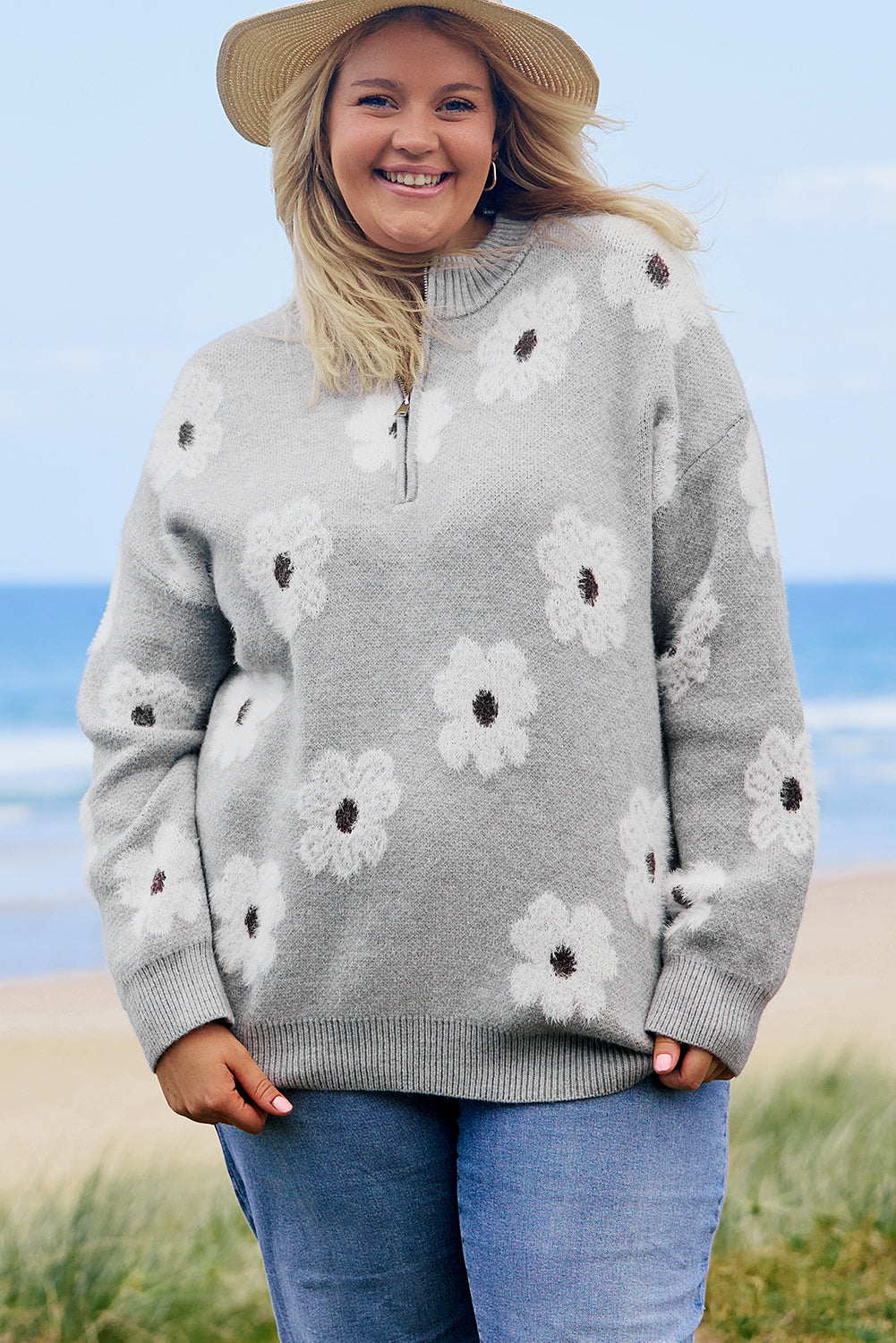 Gray Embroidered Floral Half Zip Sweater