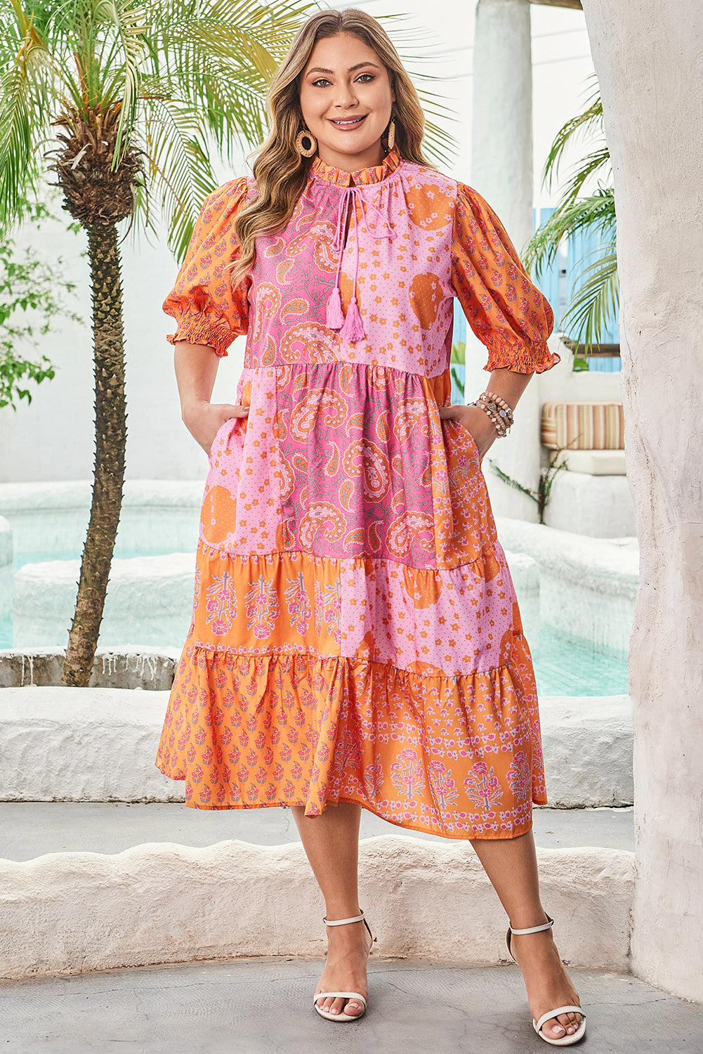 Pink Boho Paisley Floral Midi Dress