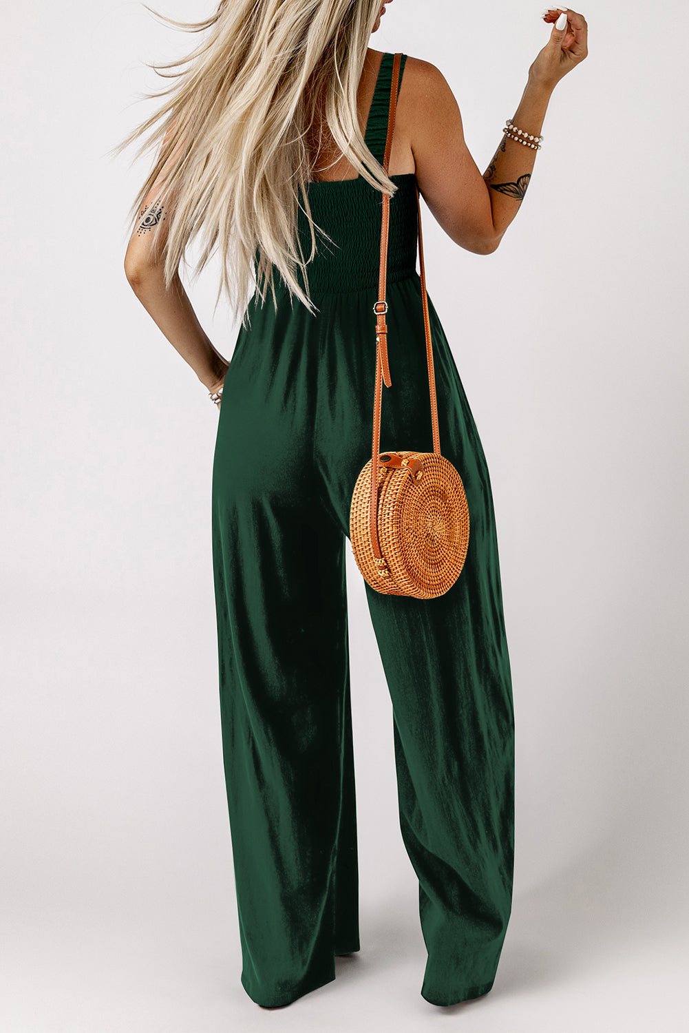 Green Smocked Wide Leg Jumpsuit