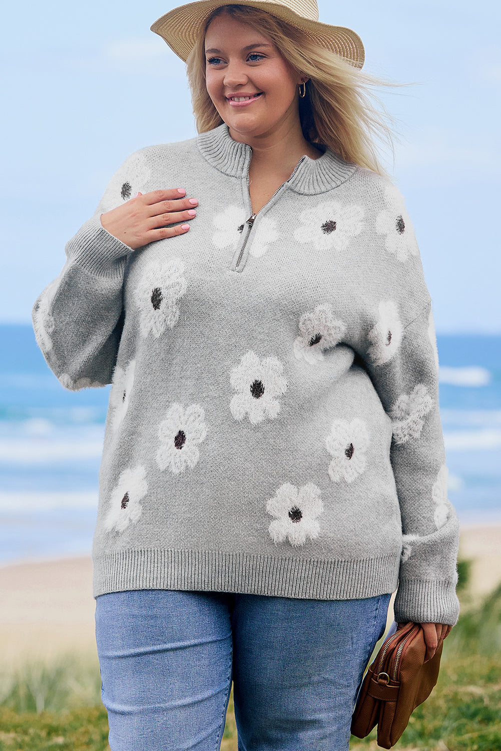 Gray Embroidered Floral Half Zip Sweater
