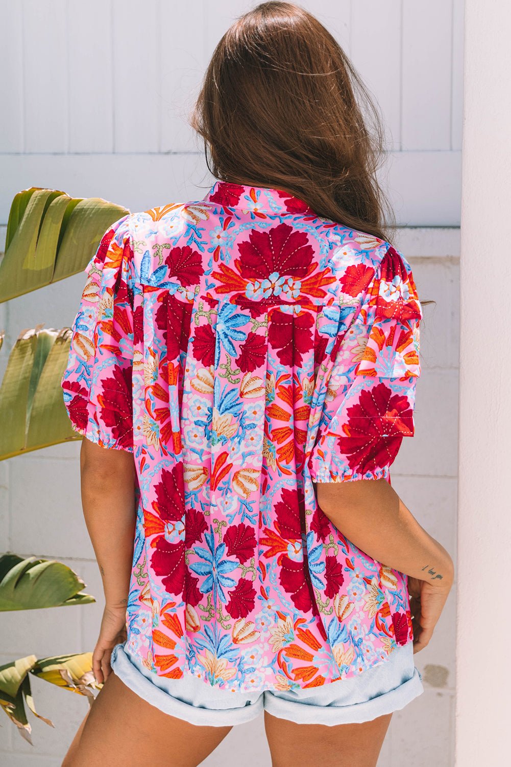 Pink Floral Print Pleated Shirt