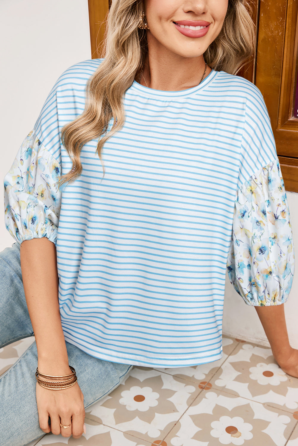 Sky Blue Stripe 3/4 Floral Puff Top