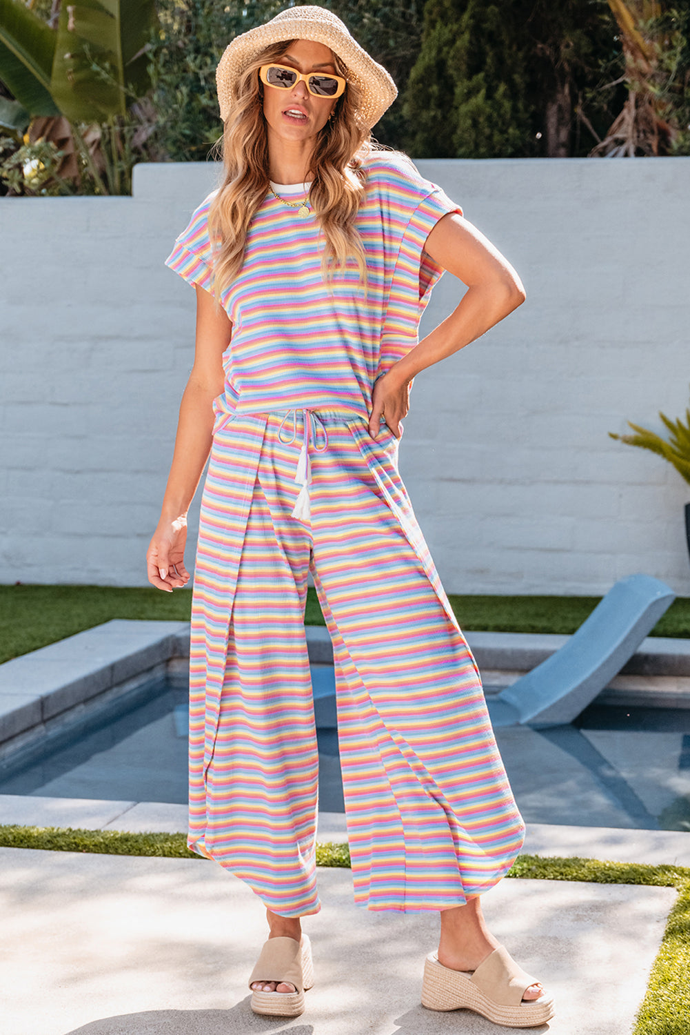 Pink Stripe Rainbow Wide Leg Pants Set