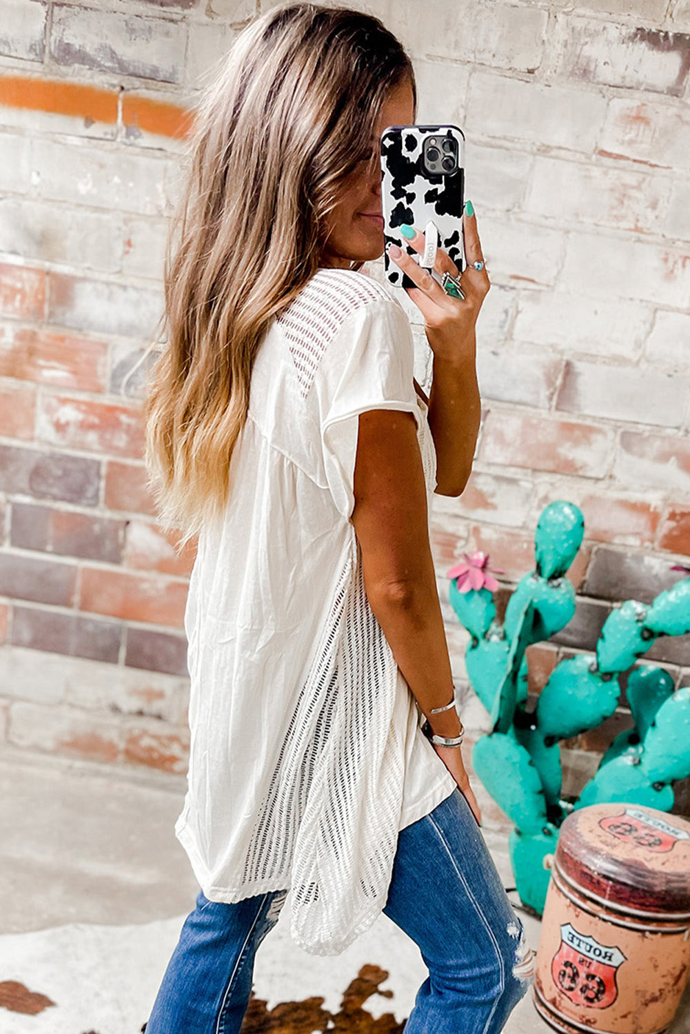 White Hollow Knit Tunic Top