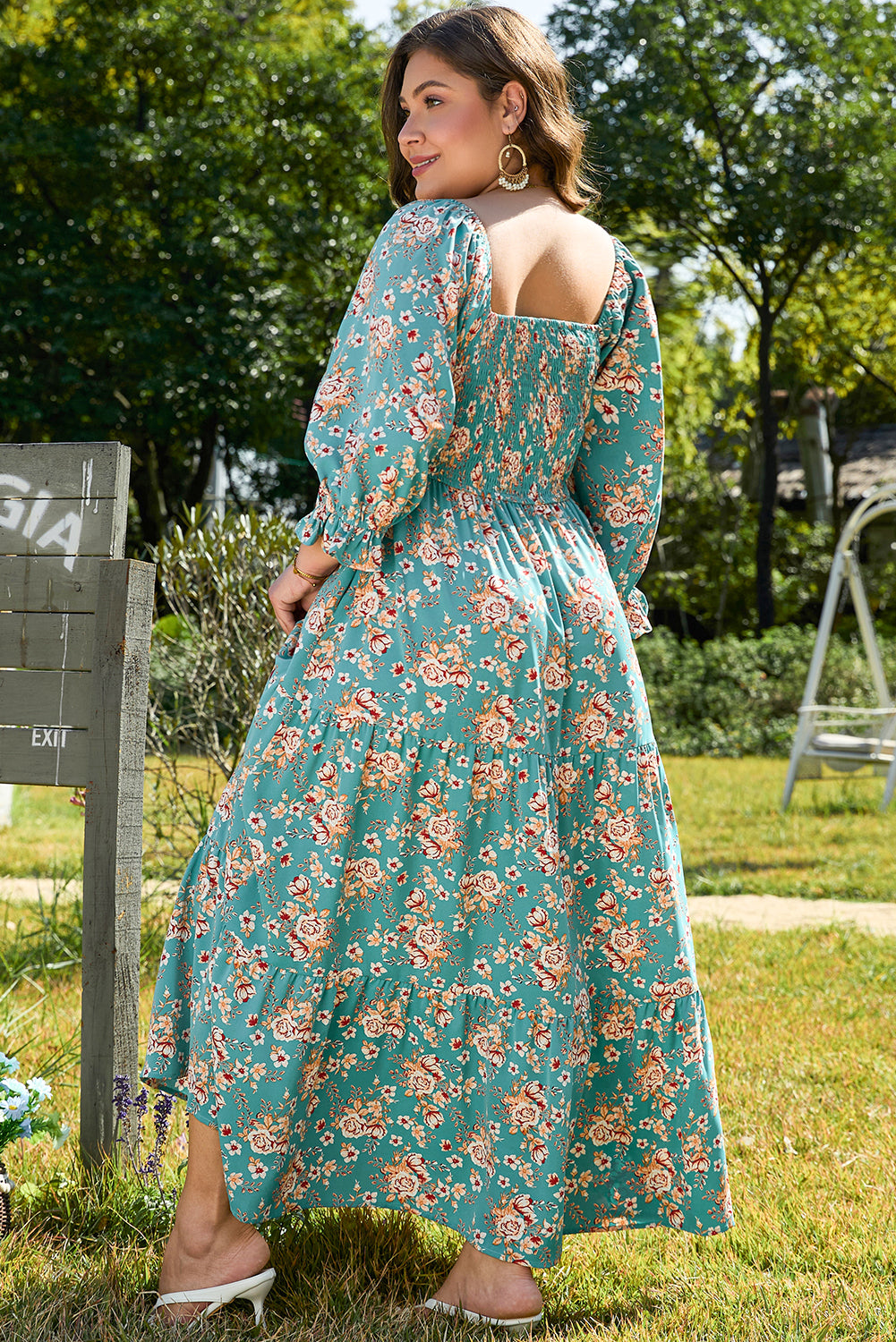 Green Floral Print Square Neck Maxi Dress