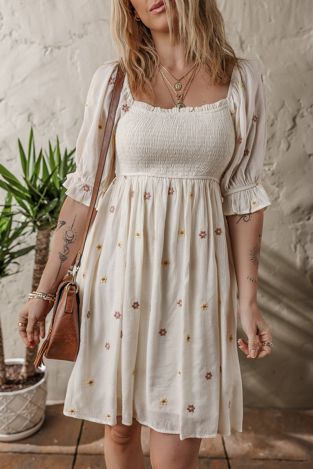 Beige Embroidered Flower Flowy Dress