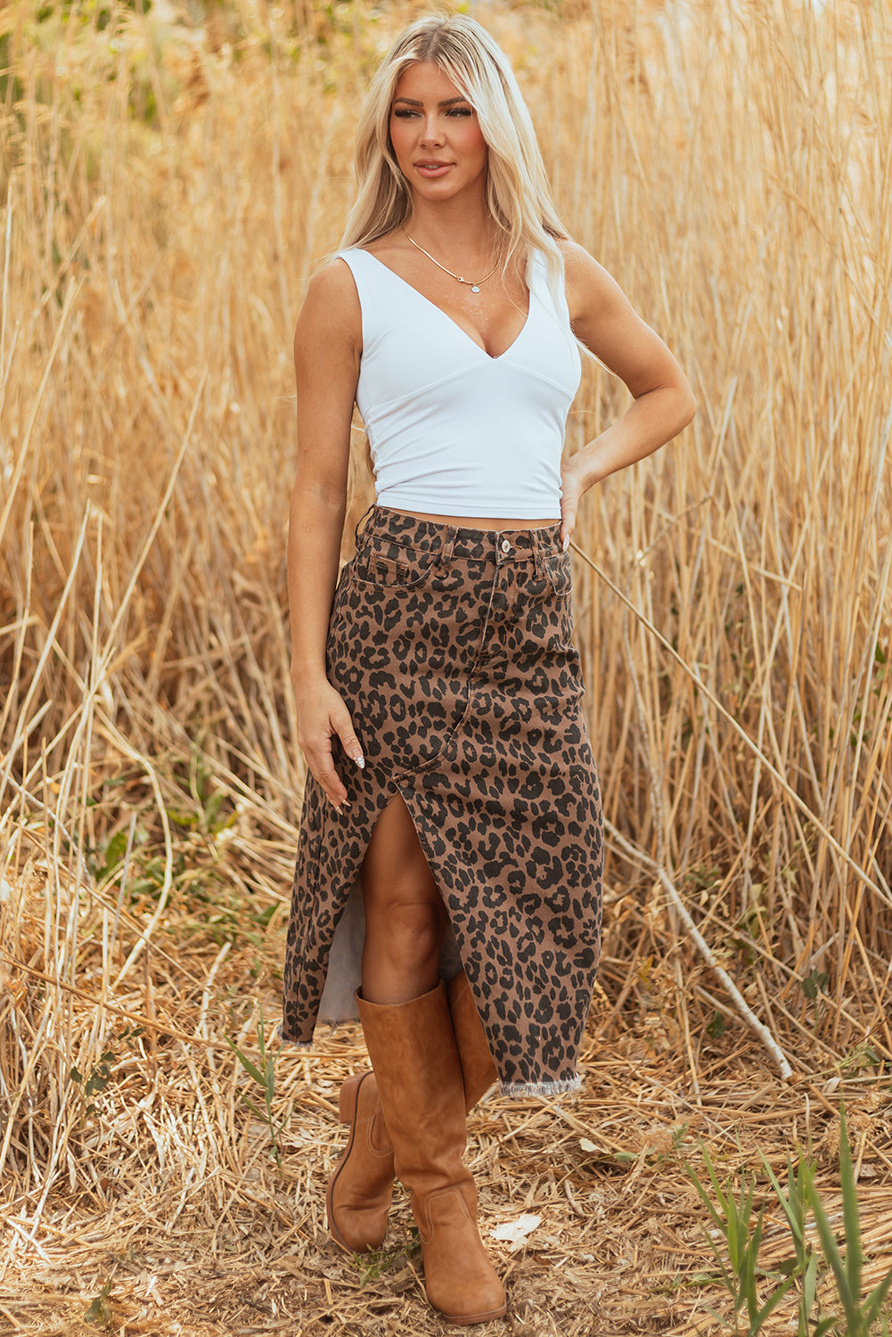 Brown Leopard Denim Midi Skirt