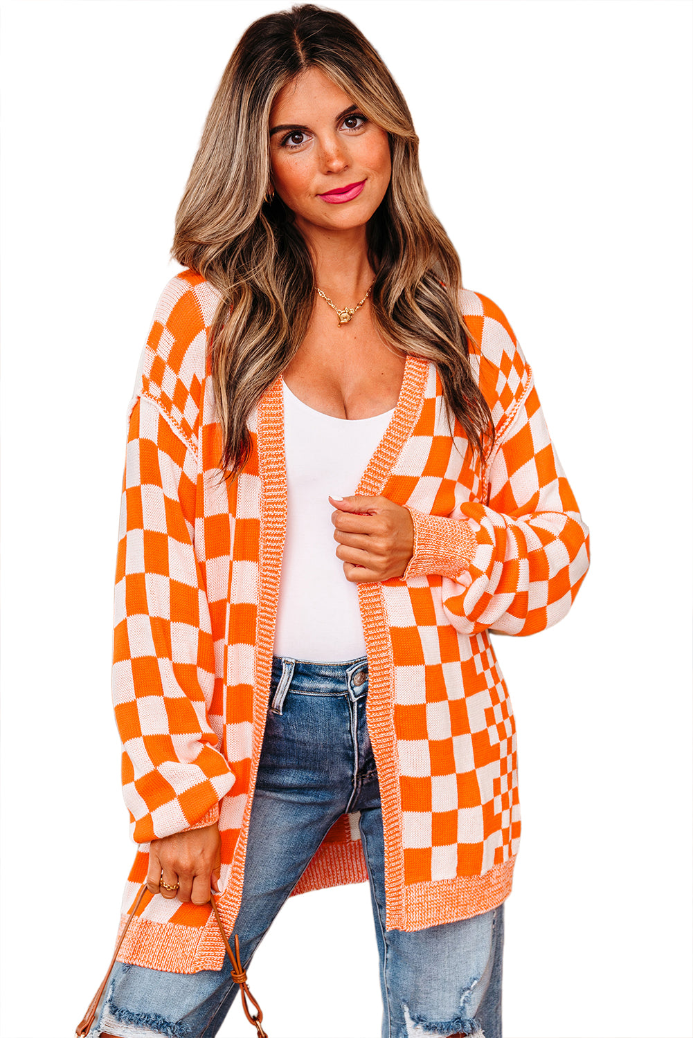 Orange Checkered Cardigan
