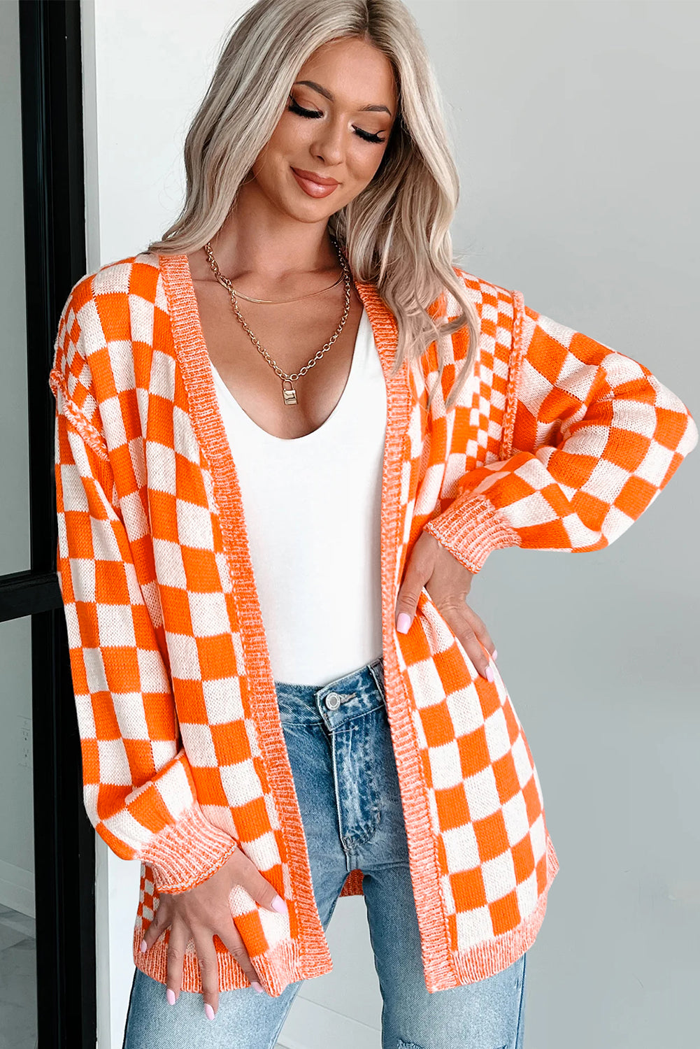 Orange Checkered Cardigan
