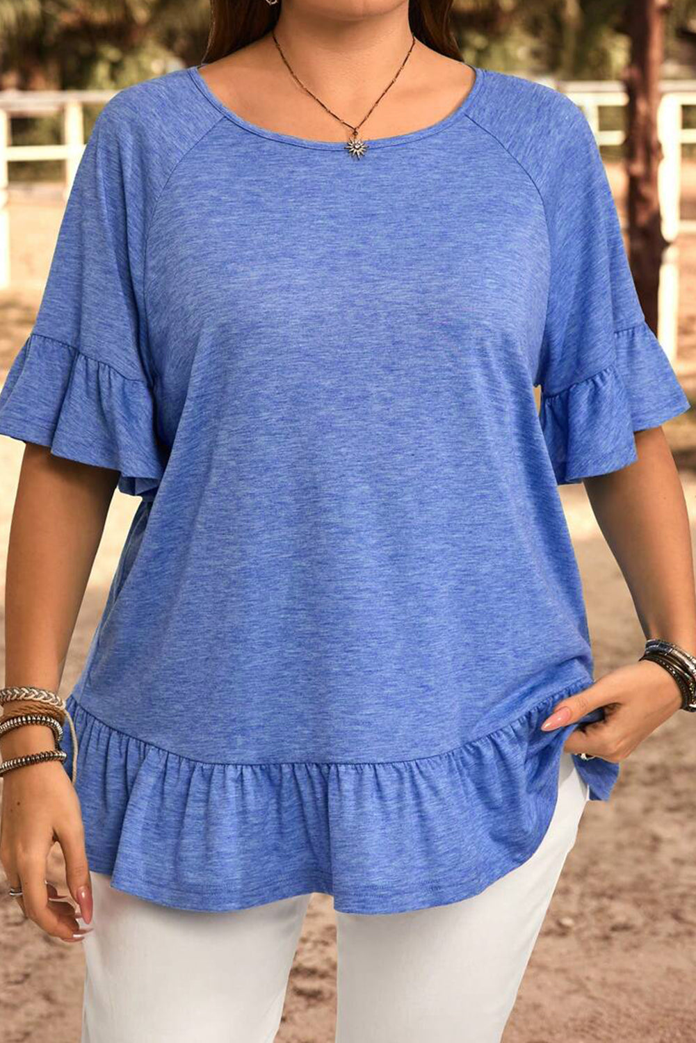 Blue Ruffled Casual Blouse