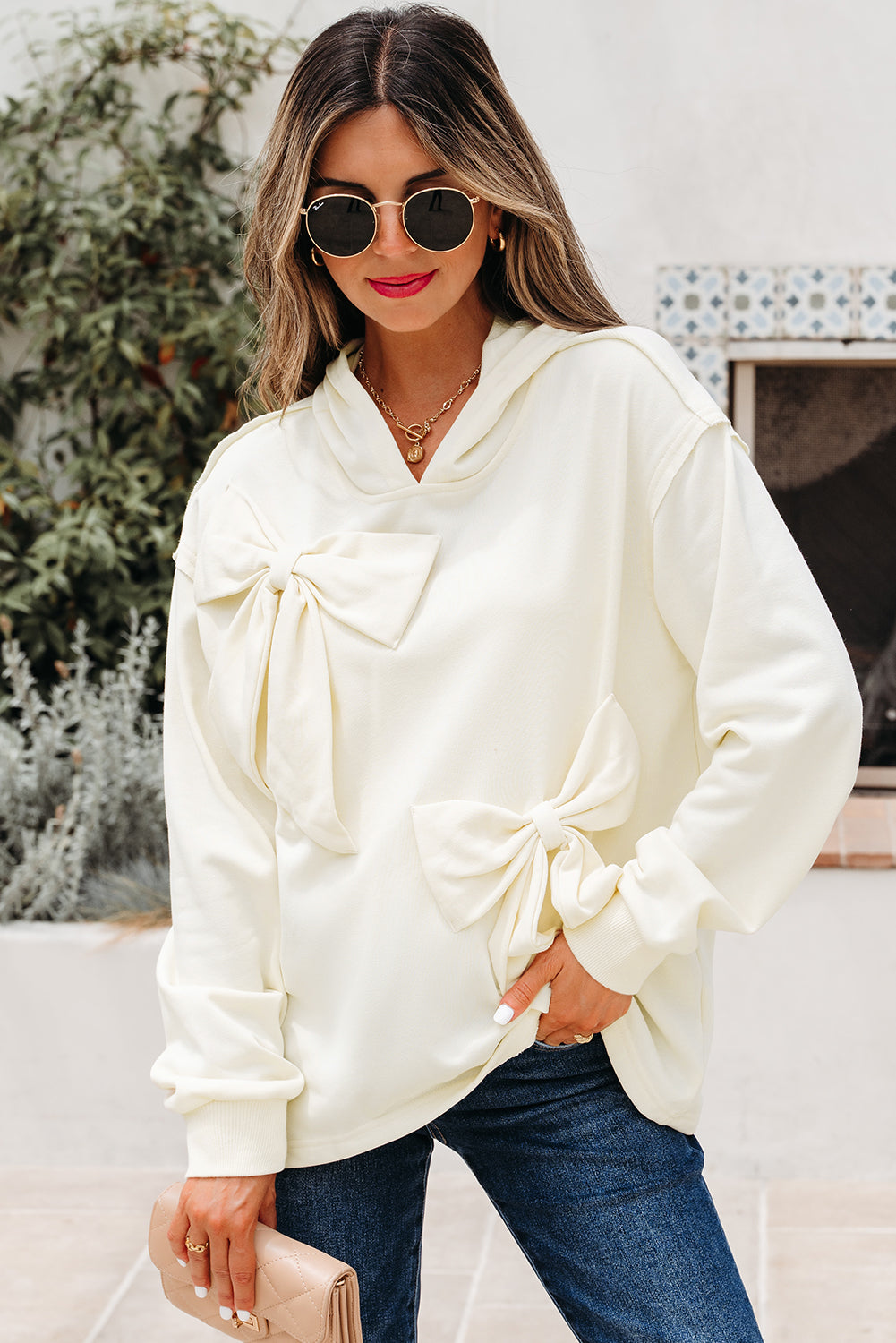 White Bow Detail Loose Hoodie