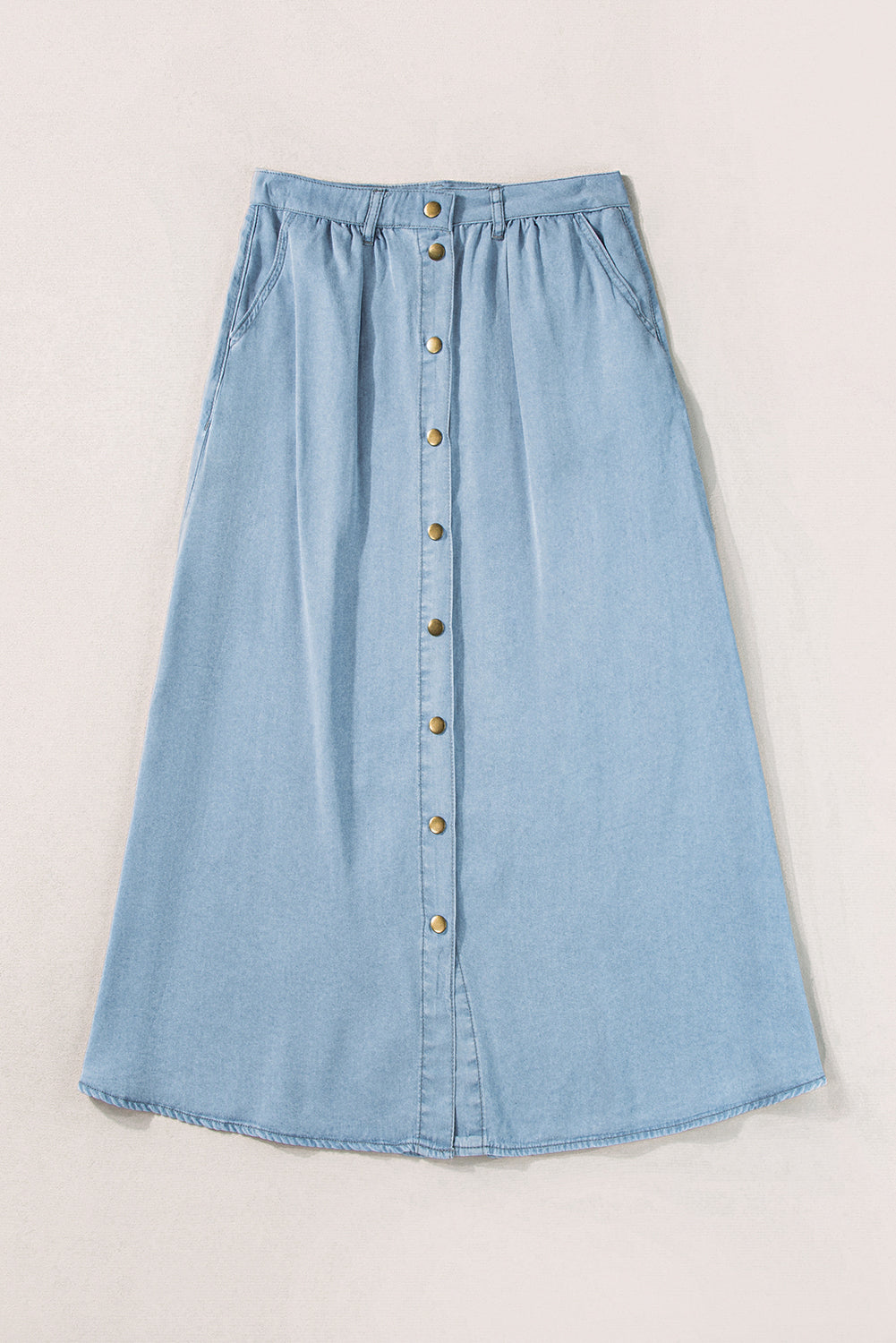 Mist Blue Buttoned Long Denim Skirt