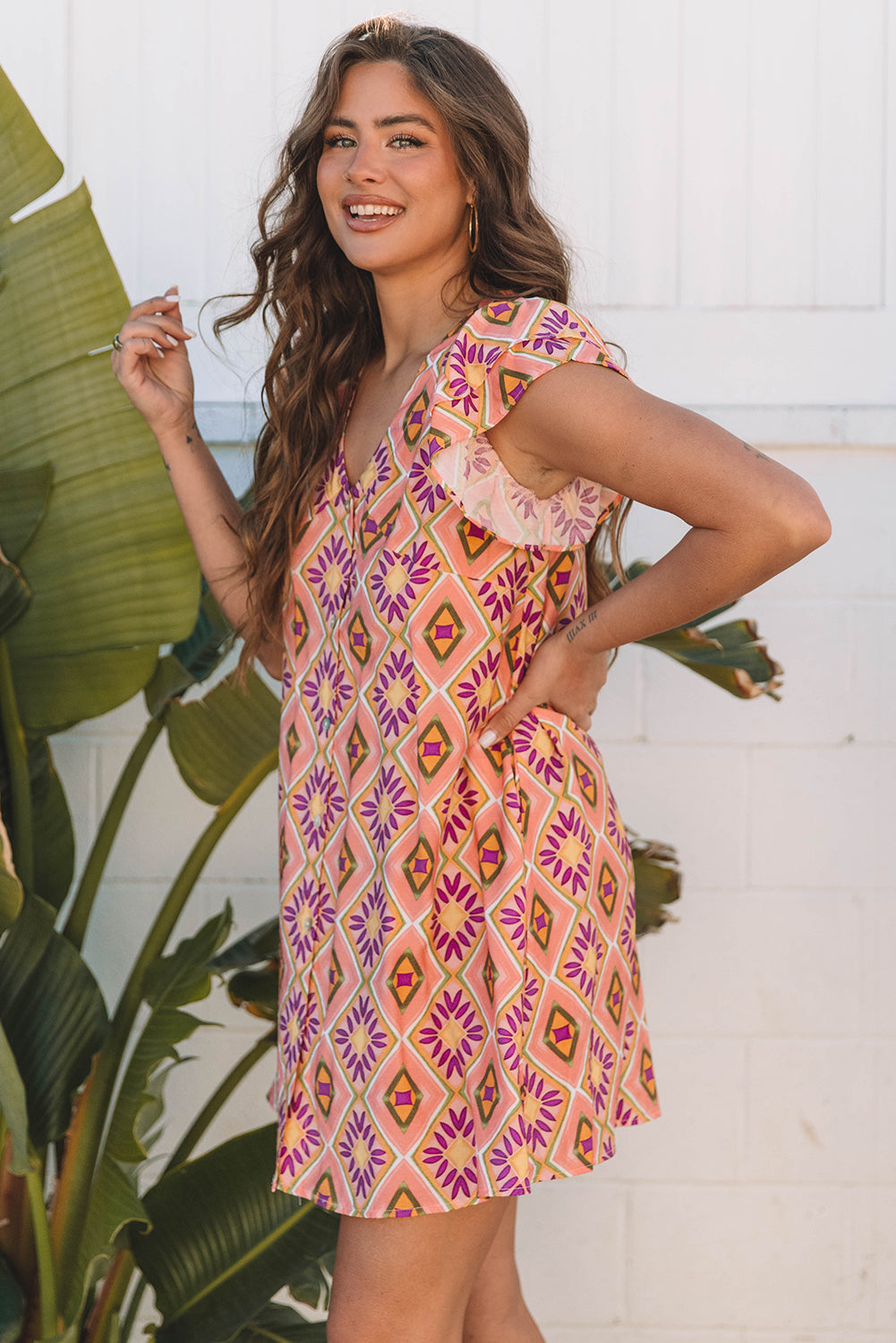 Orange Geometric Floral Mini Dress