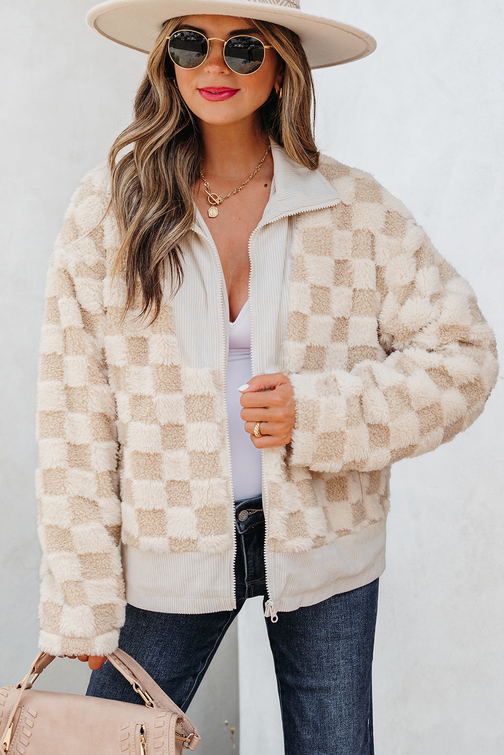 Khaki Checker Sherpa Jacket
