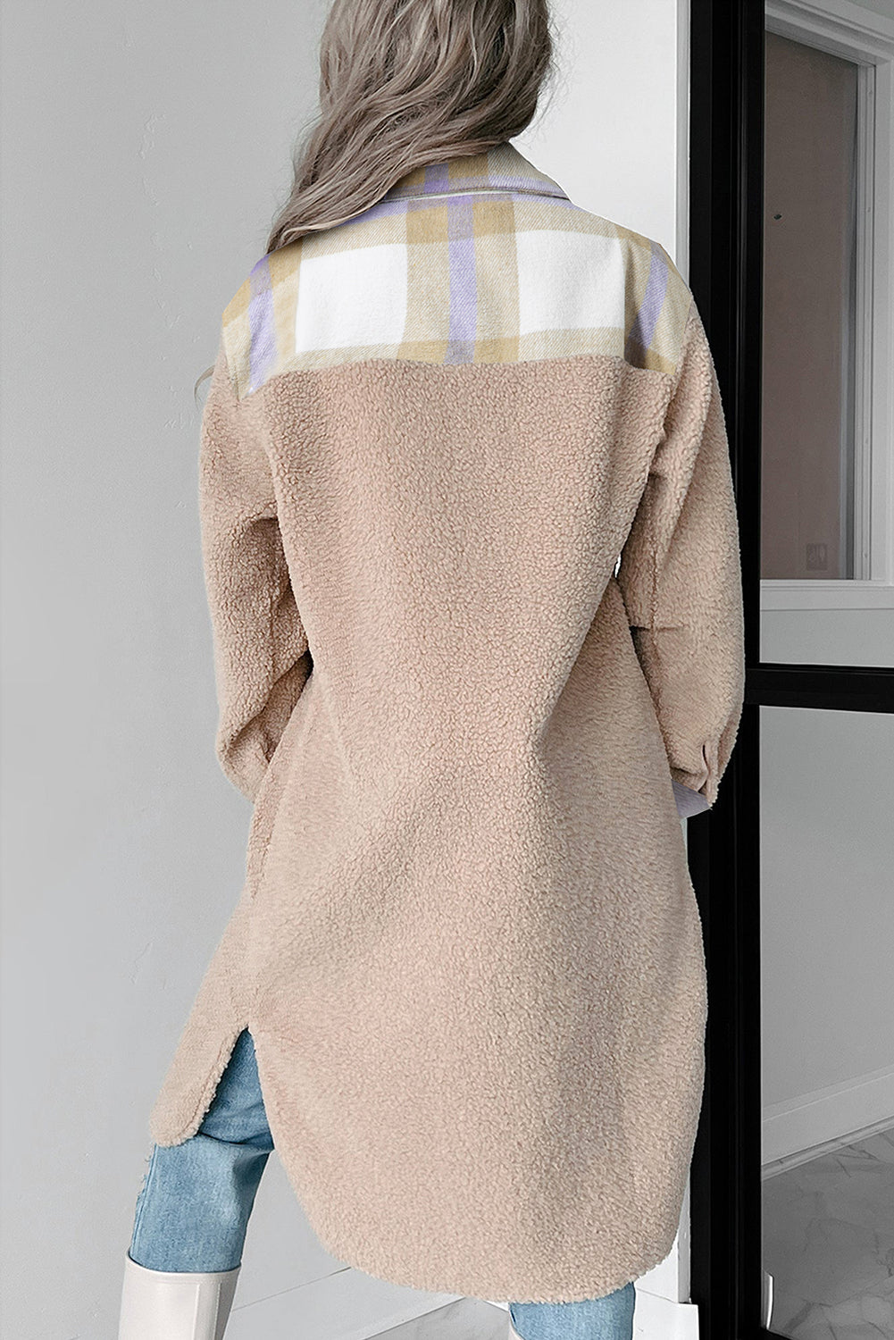Smoke Gray Plaid Sherpa Long Coat