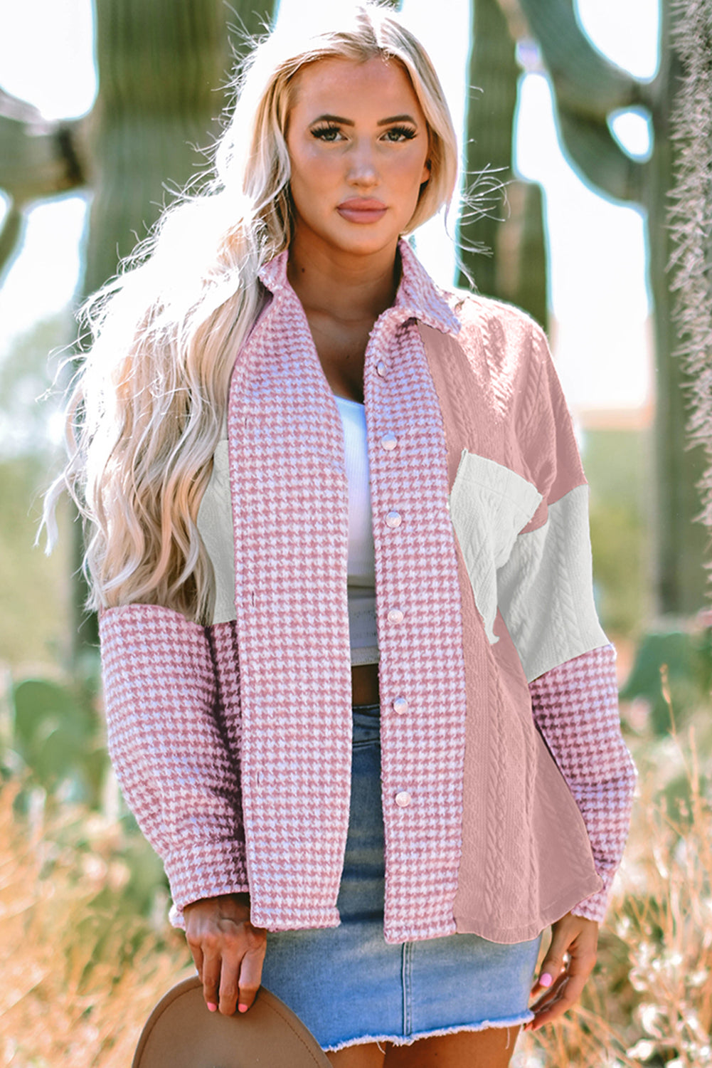 Pink Houndstooth Shacket