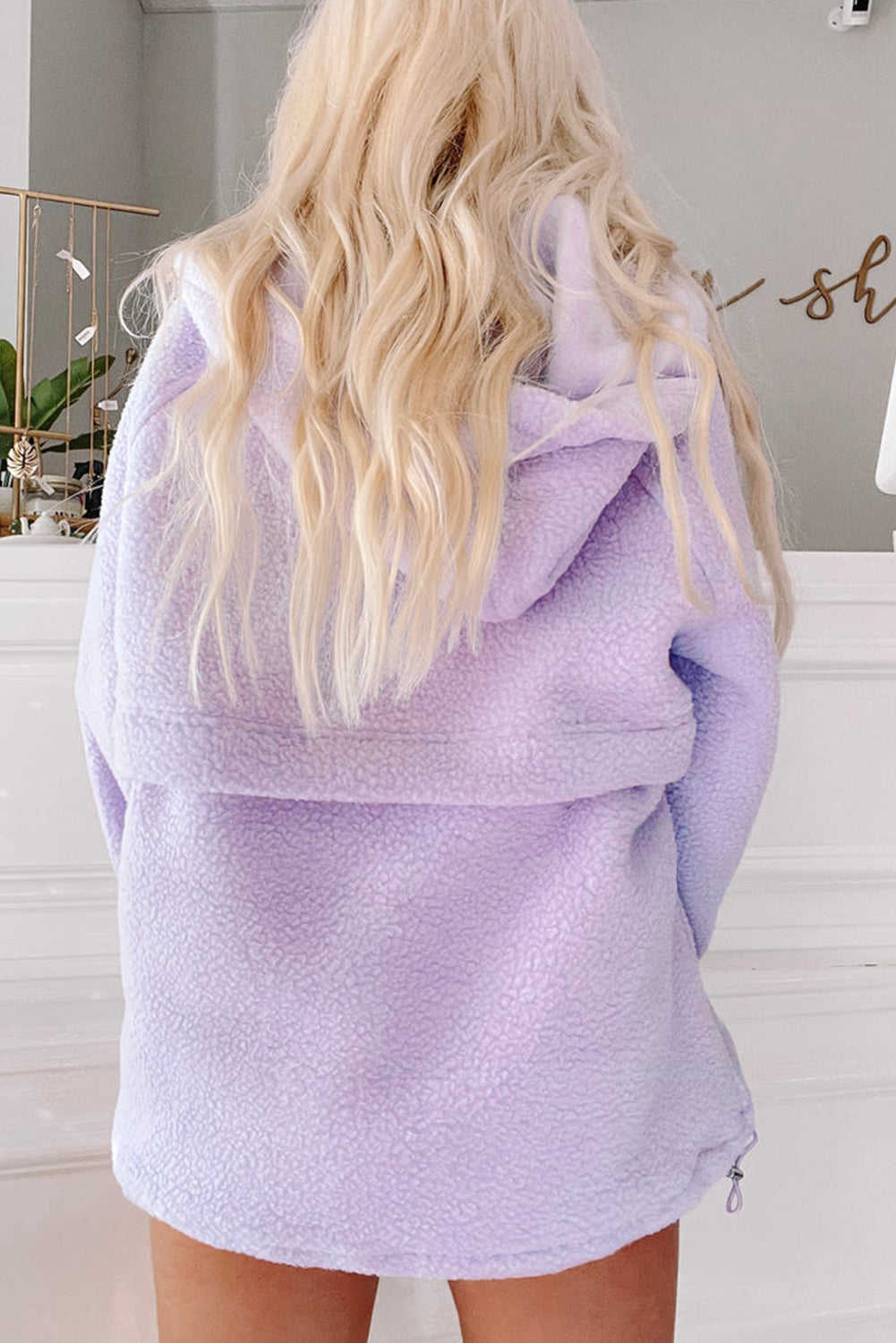 Lavender Zipped Fuzzy Drawstring Hoodie