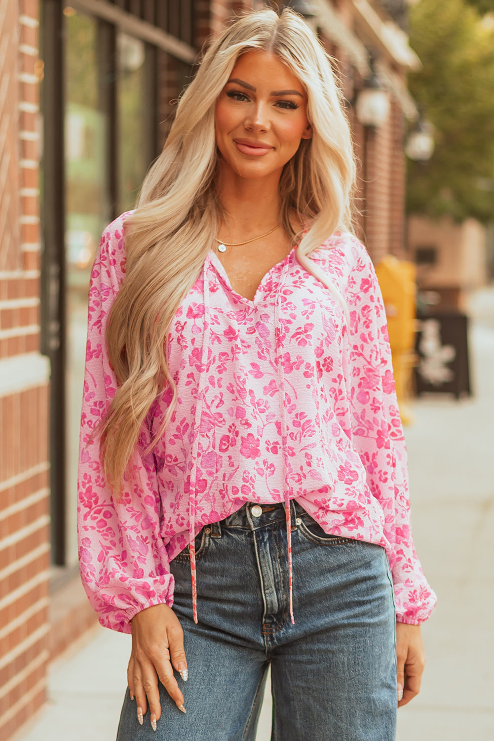 Pink Floral Puff Sleeve Blouse