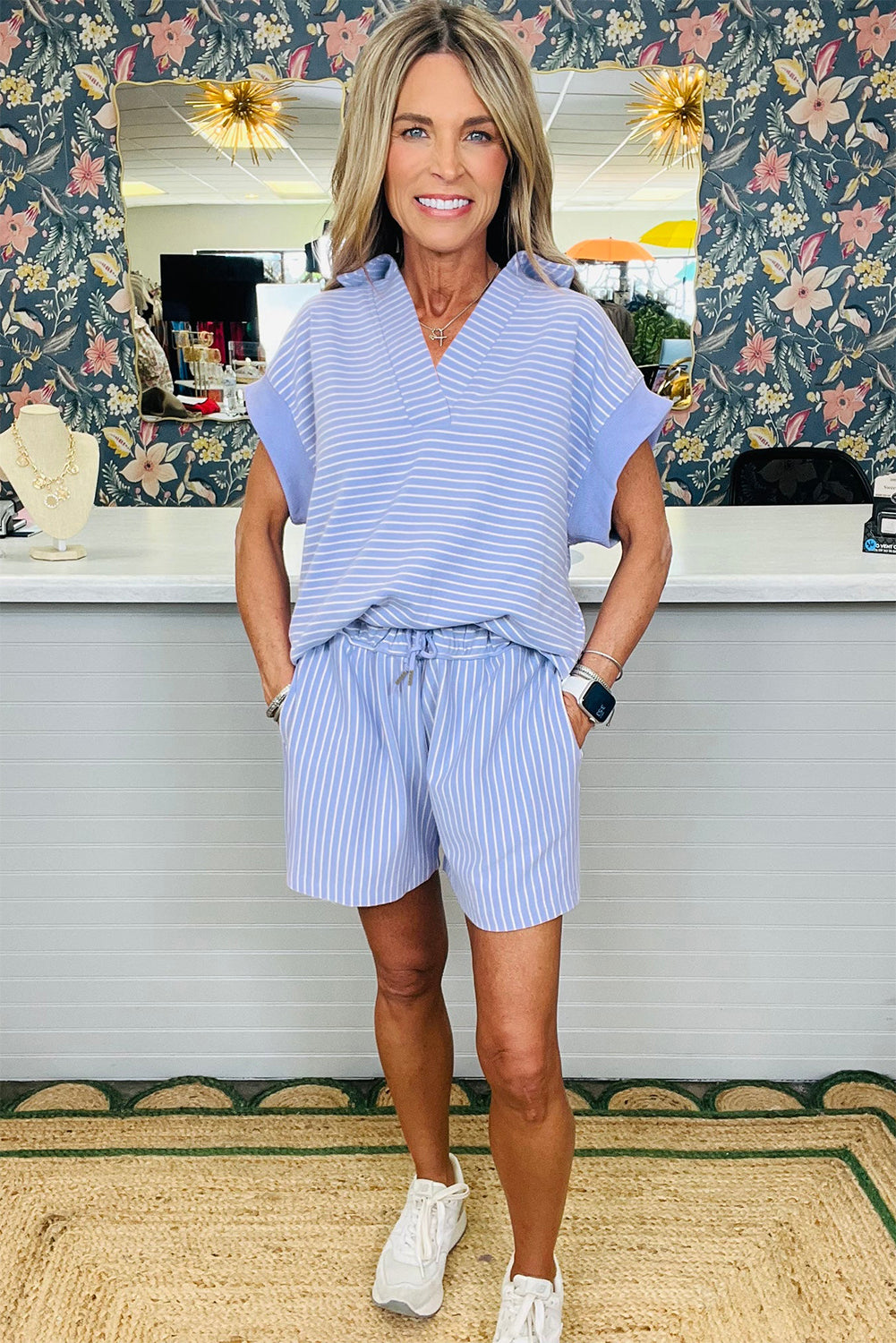 Sky Blue Stripe Shirt and Drawstring Shorts Set