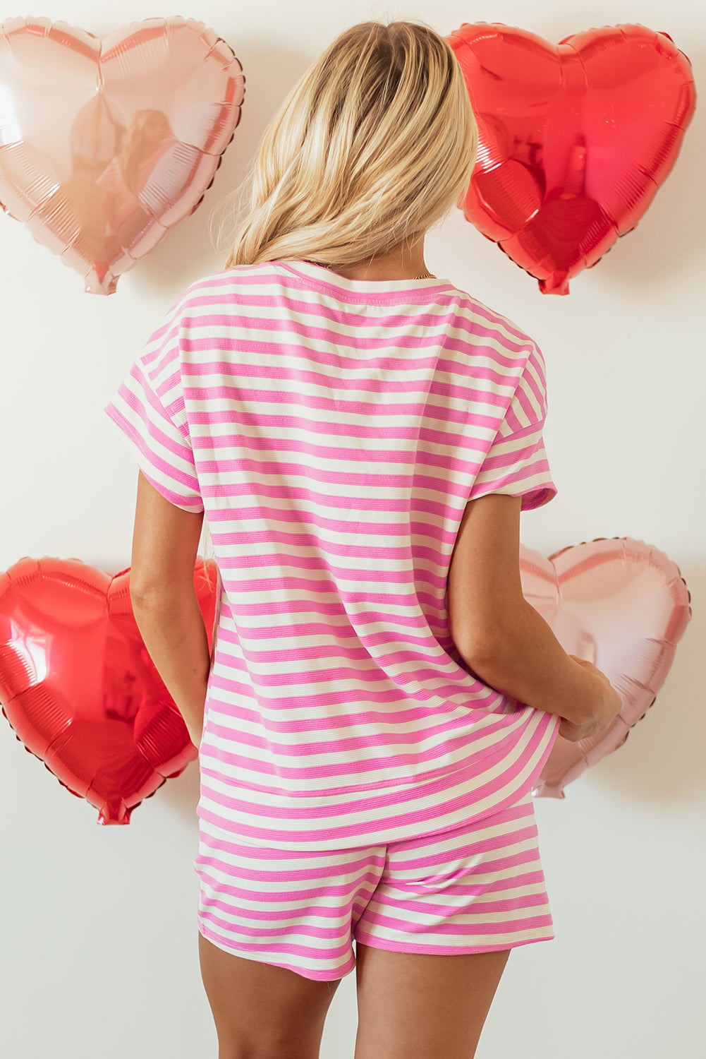 Rose Stripe Crew Neck Shirt and Shorts Set