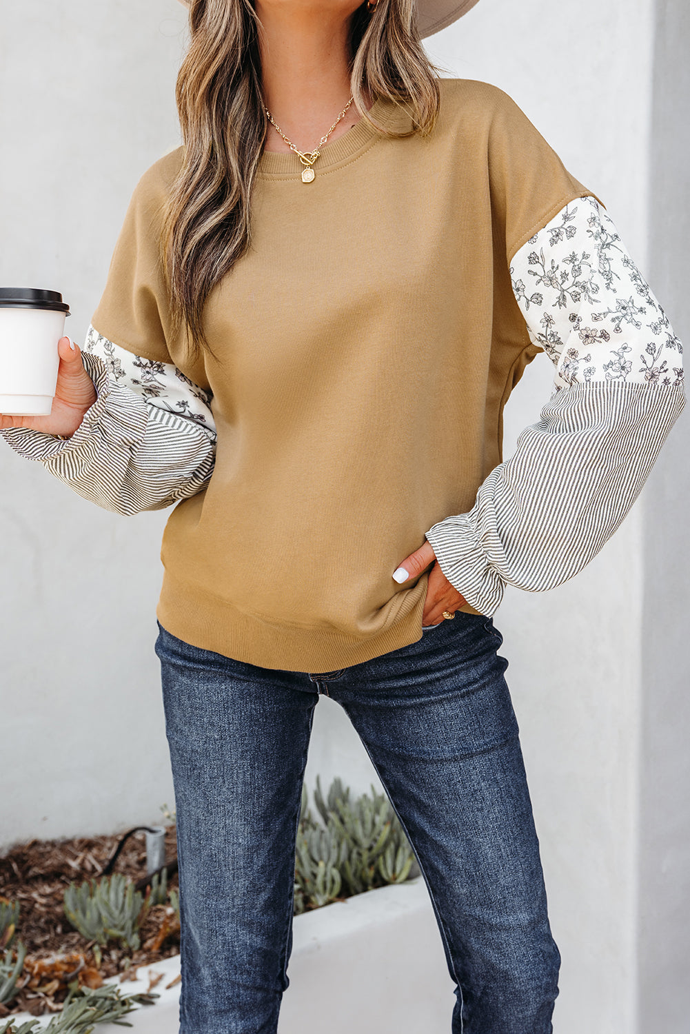 Camel Floral Crew Neck Sweatshirt