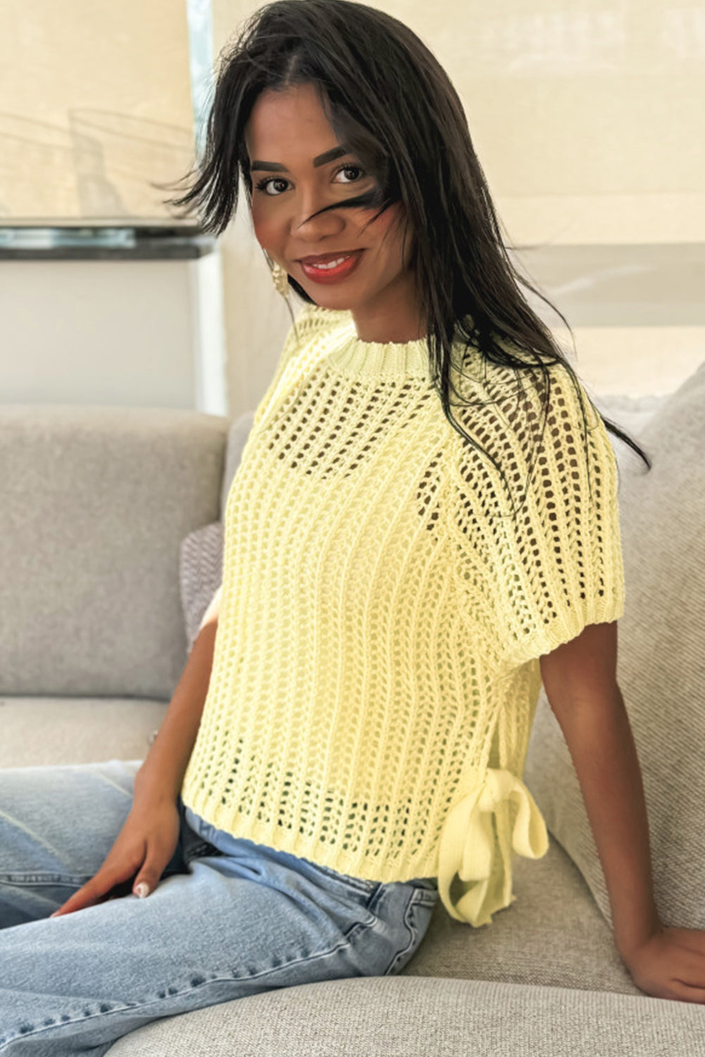 Yellow Cream Crochet Sweater Top