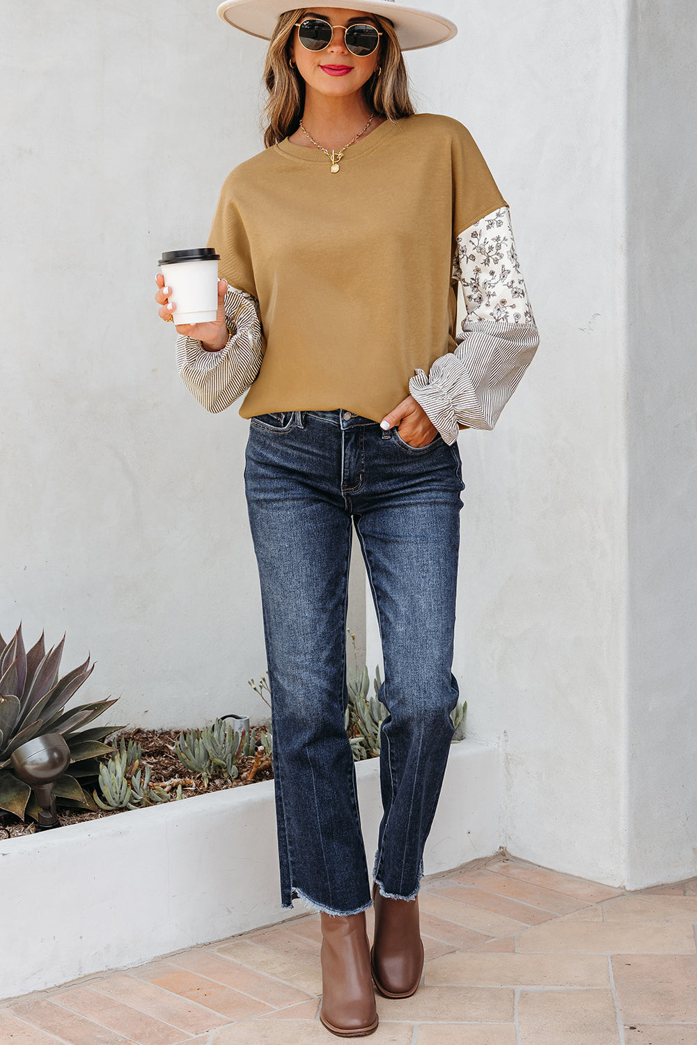 Camel Floral Crew Neck Sweatshirt