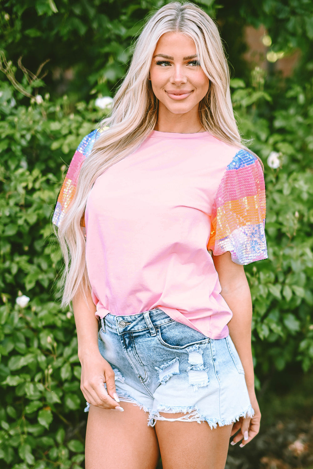 Pink Sequin Puff Sleeve Top