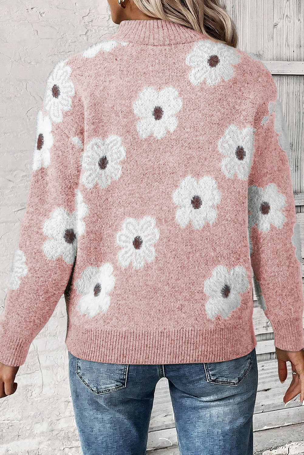 Pink Floral Pattern Half Zip Sweater