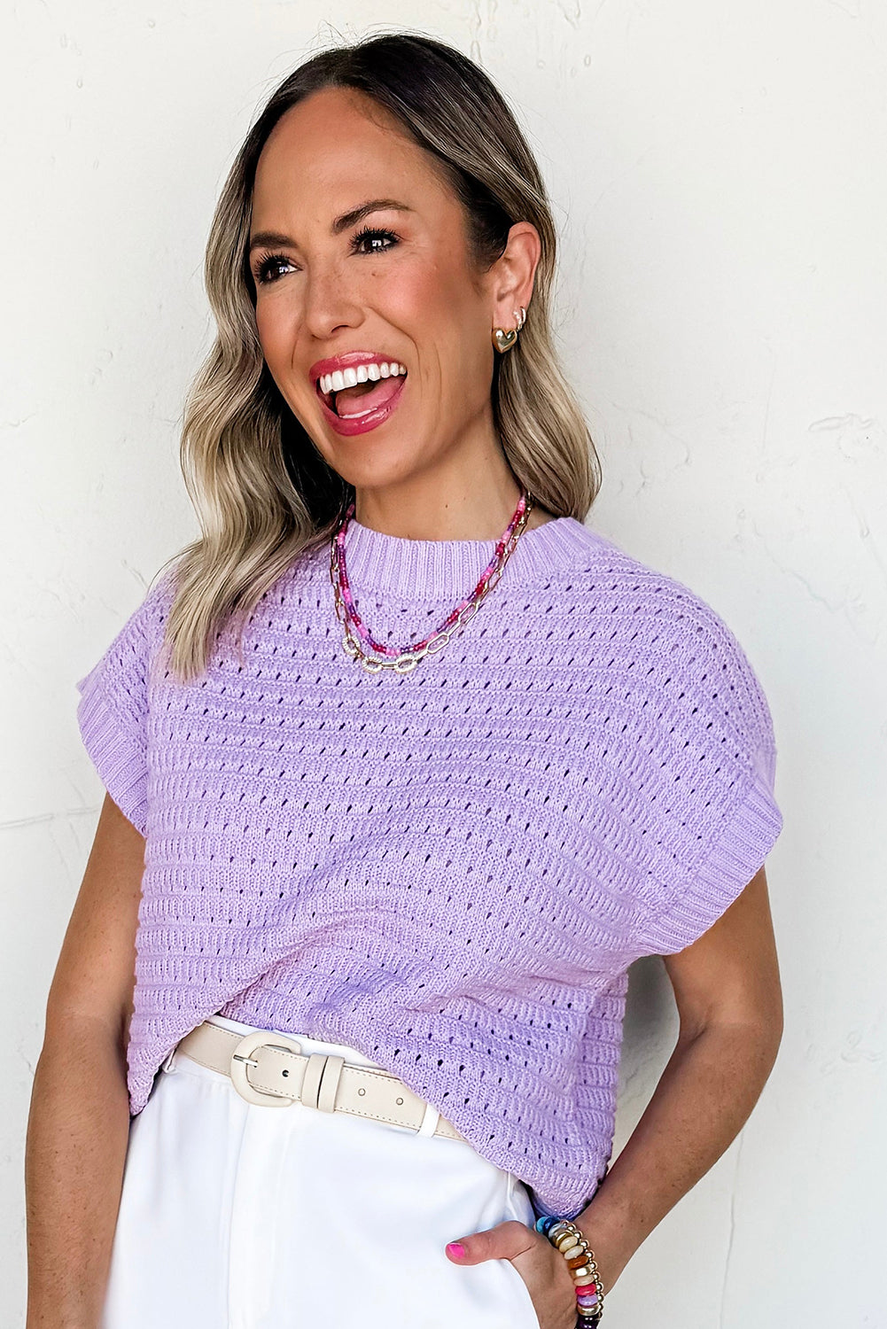 Lavender Ribbed Short Sleeve Sweater